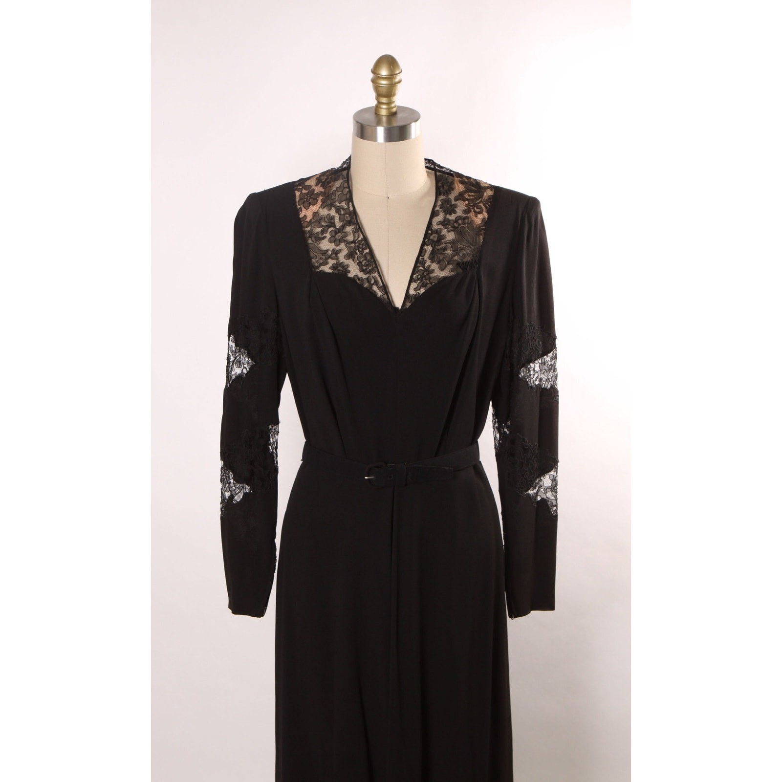 1940s Black Long Sleeve Sheer Lace Panel Spiral Below the Knee Dress