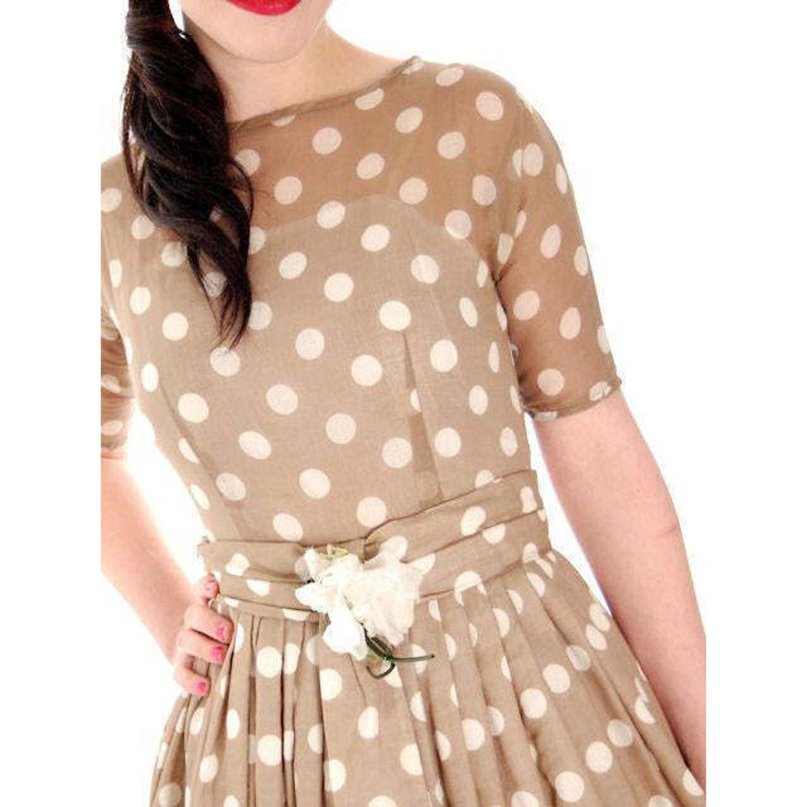 VTG 1950s Taupe Polka Dot Sheer Cotton Dress New Look