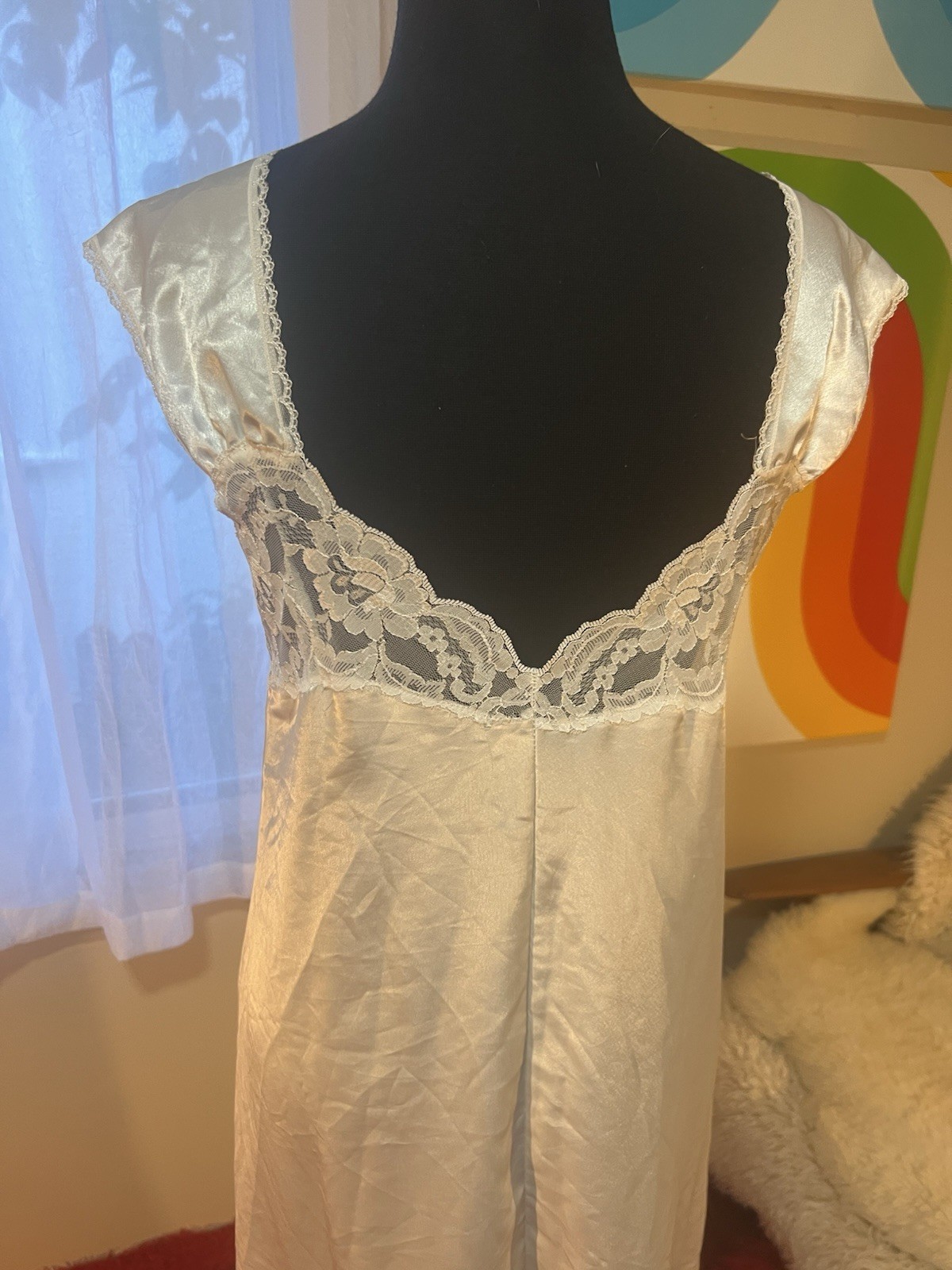 Vtg Farr West Style Faye Shiny Satin Nightgown Maxi Dress Medium White USA Made