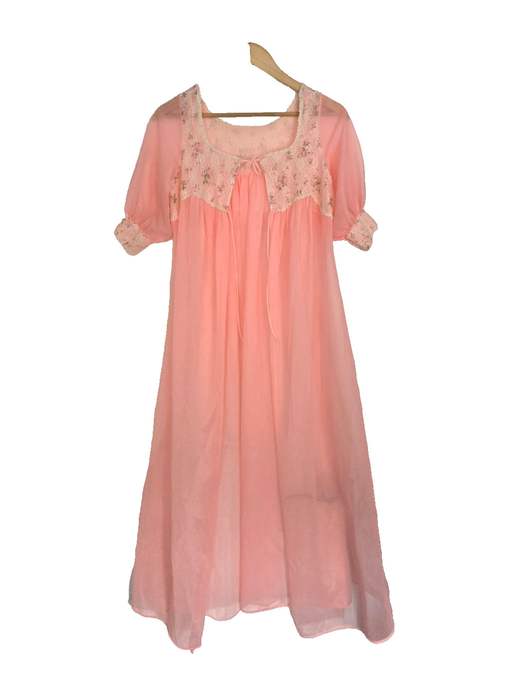 Vintage Nightgown Womens Medium Pink Sheer Short Sleeve Lace Trim Peignoir 70s