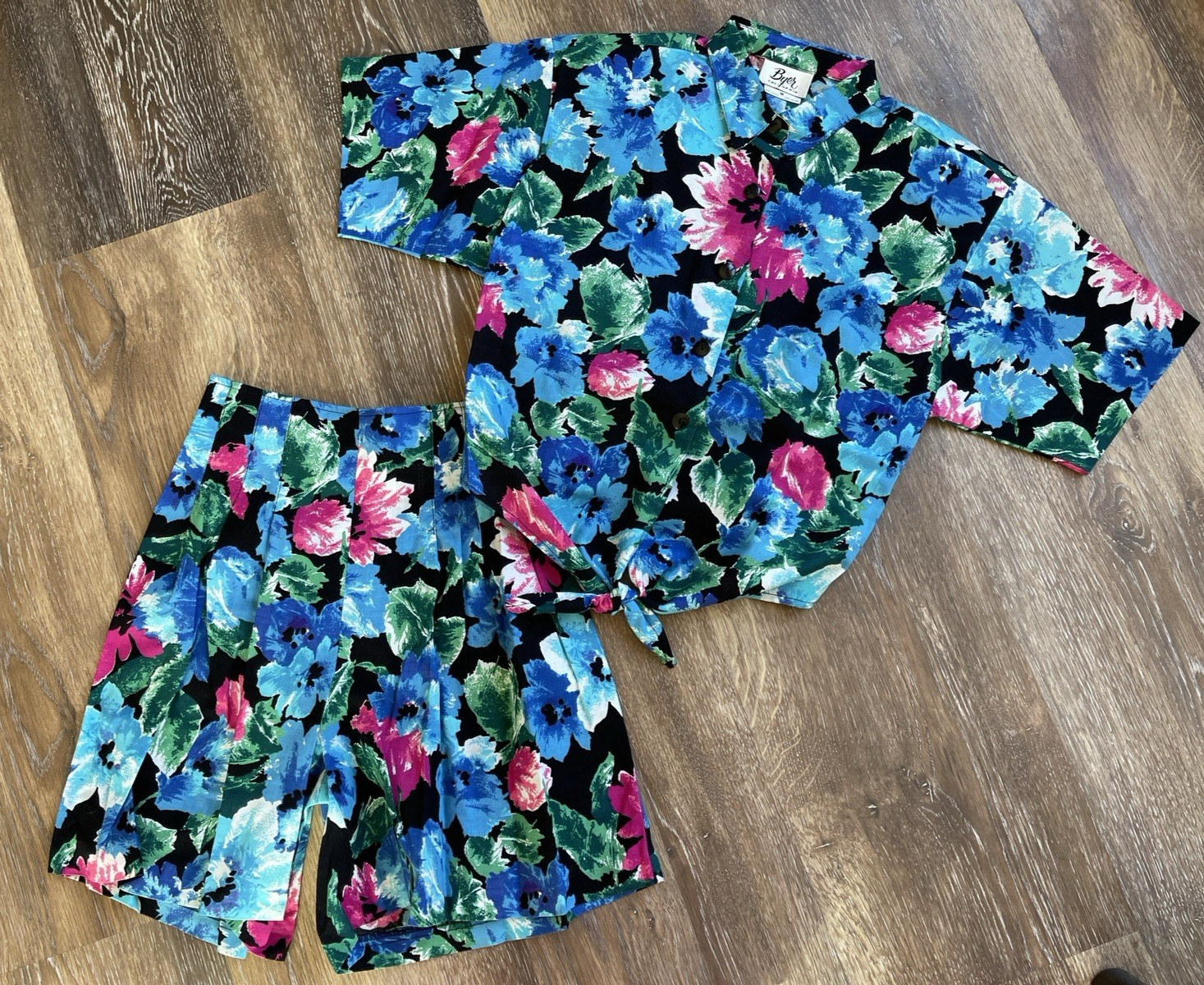 Vintage Byer California Women Top and Shorts Floral Set Black Blue Pink S & M