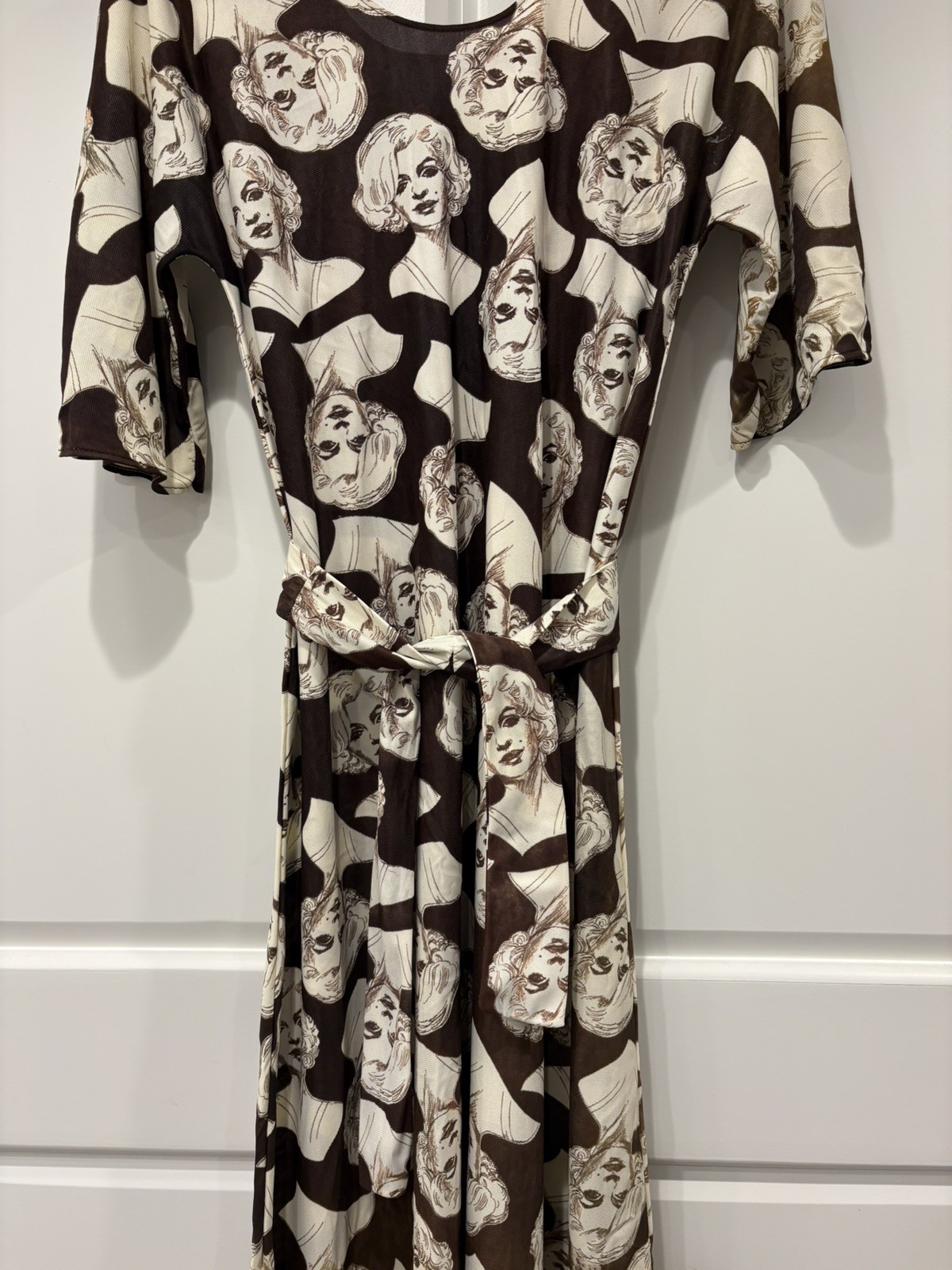 Vintage Rare 1970s Elle Casuals Cream Brown Marilyn Monroe Print Maxi Dress Sm