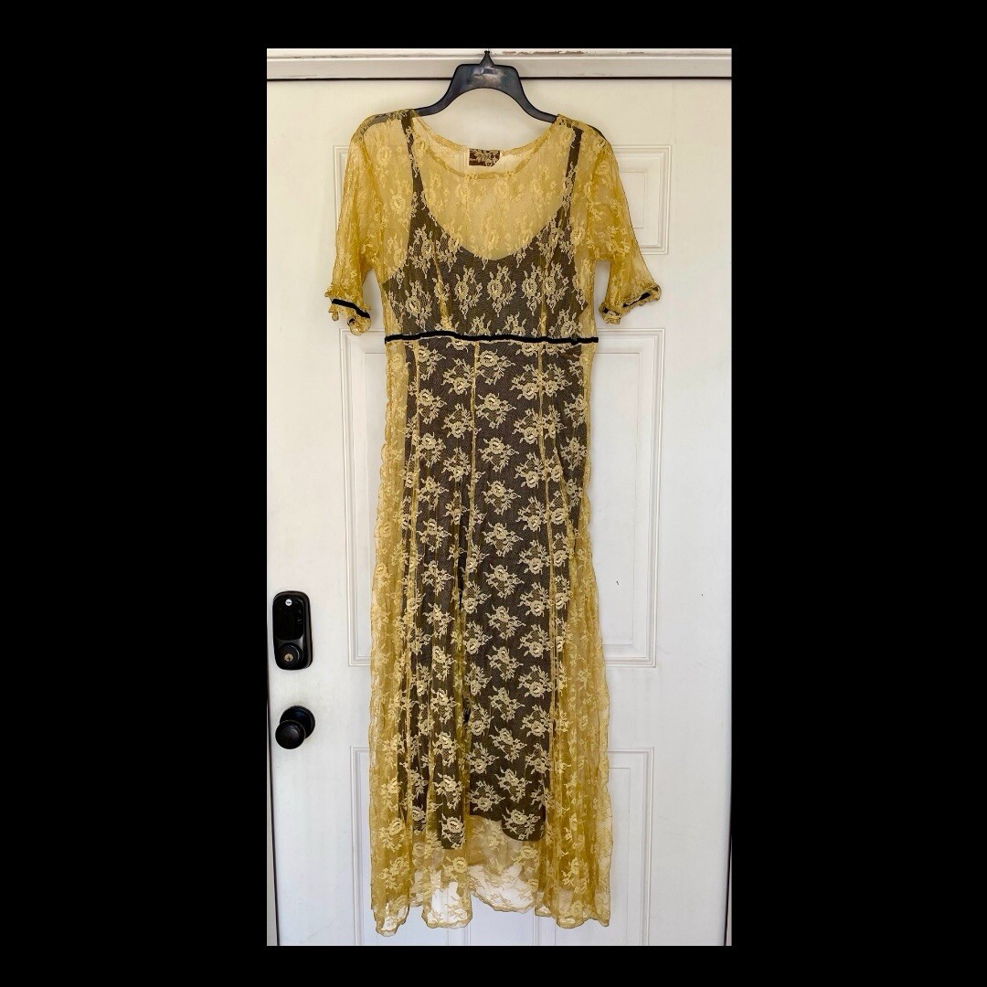 Vintage Sheer Yellow Crinkled Lacy Maxi Dress by Alexander Brown Whimsigoth 1990