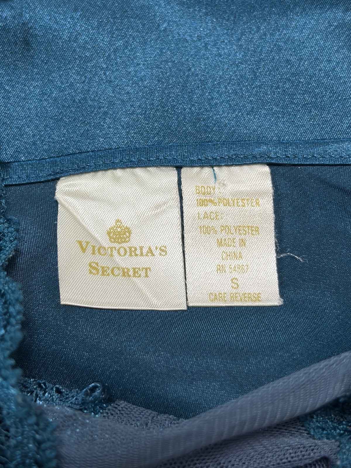 VTG 80s 90s Victorias Secret Gold Label Teal Satin Slip Dress Gown Sheer Lace S