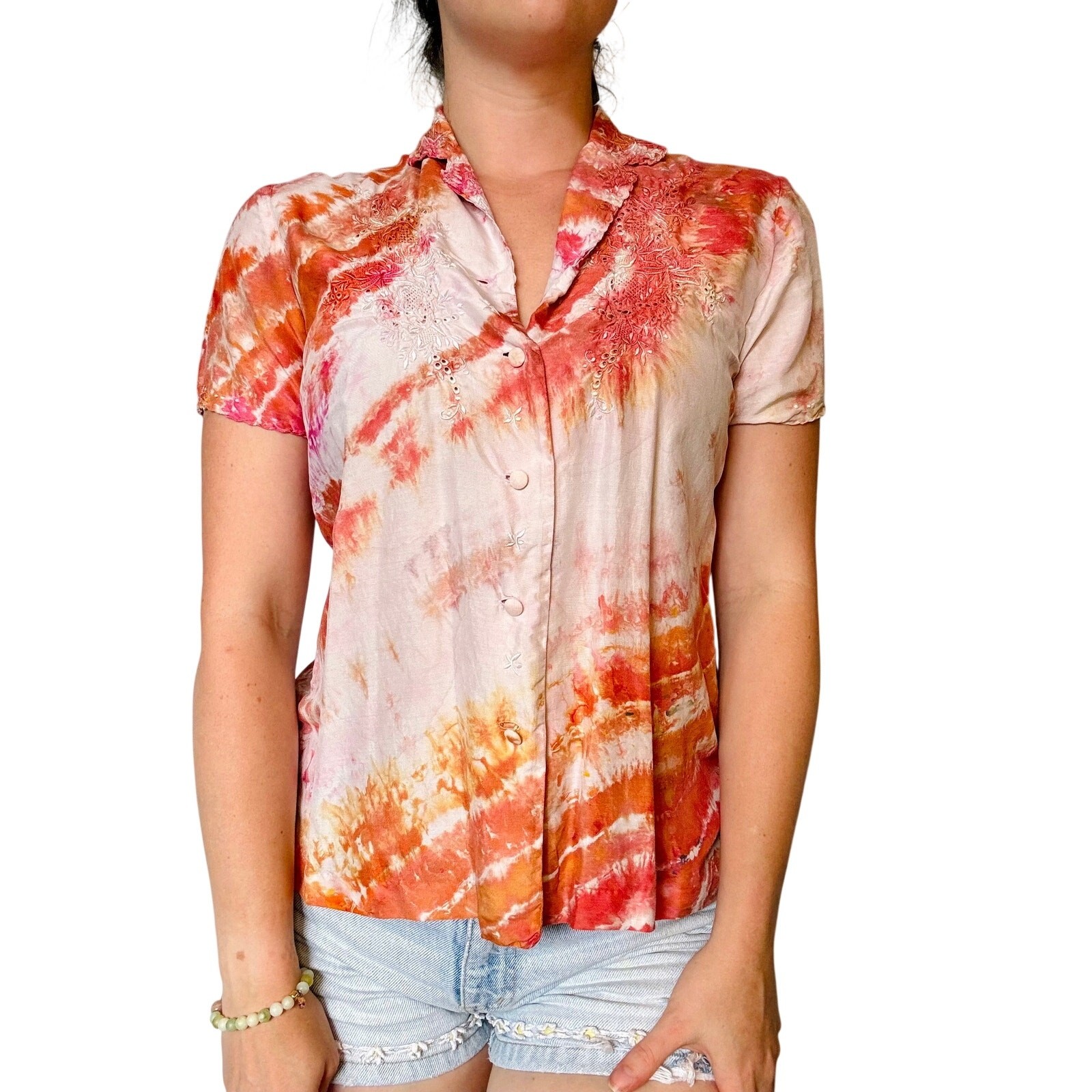 Shibori Dyed Vintage Silk Blouse Orange Pink Button Up Reworked Tie Dye Upcycled