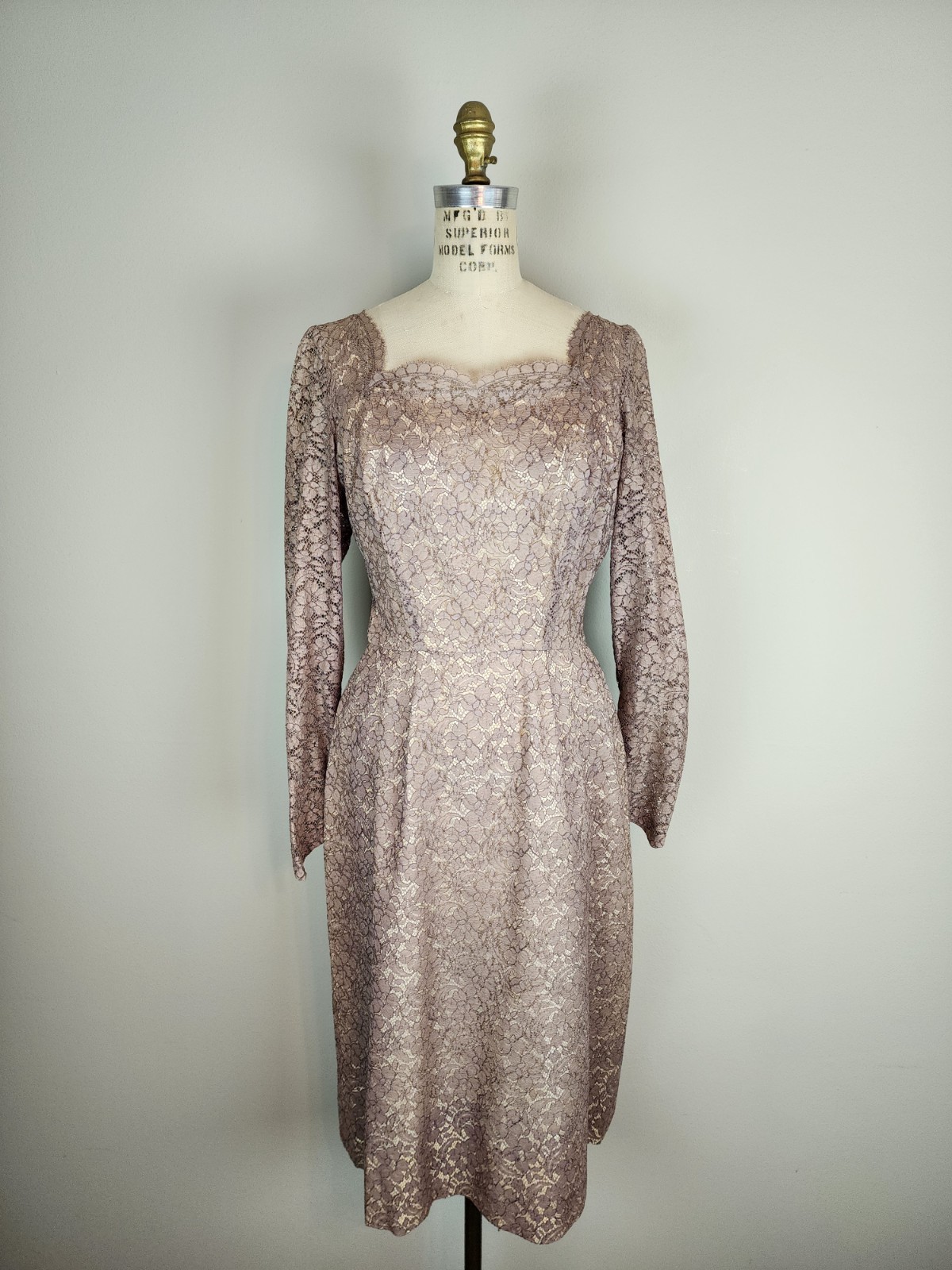 Vintage Late 1940’s Mauve Lace Over Champagne Satin Cocktail Dress with Godet
