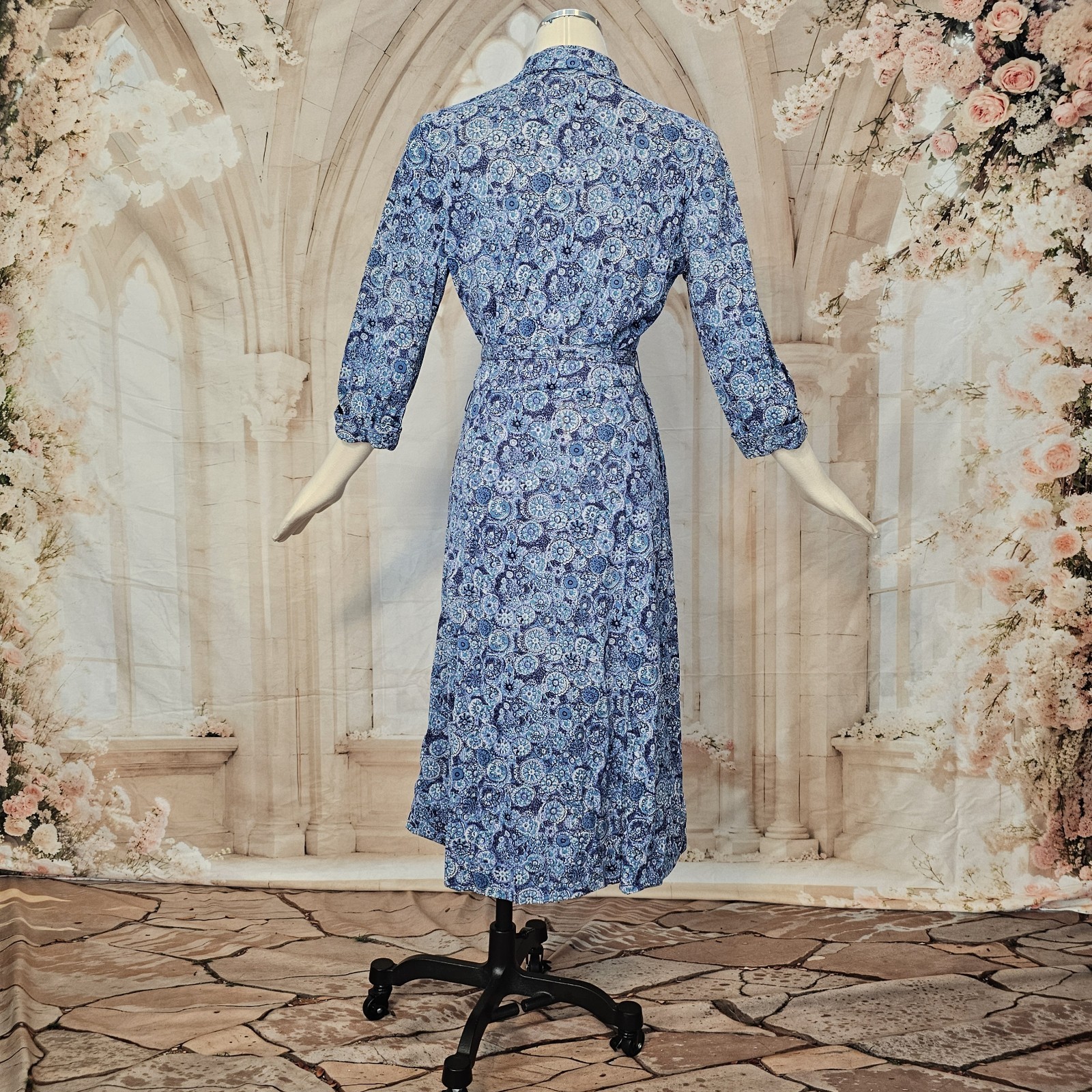 Vintage 1960’s Dress Button Up Blue White Floral 3/4 Length Sleeve Collar Pinup