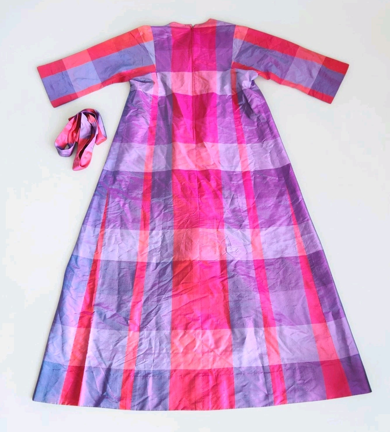Vintage Jim Thompson Siamese Trader Thai Silk Belted Madras Kaftan Dress M 60s