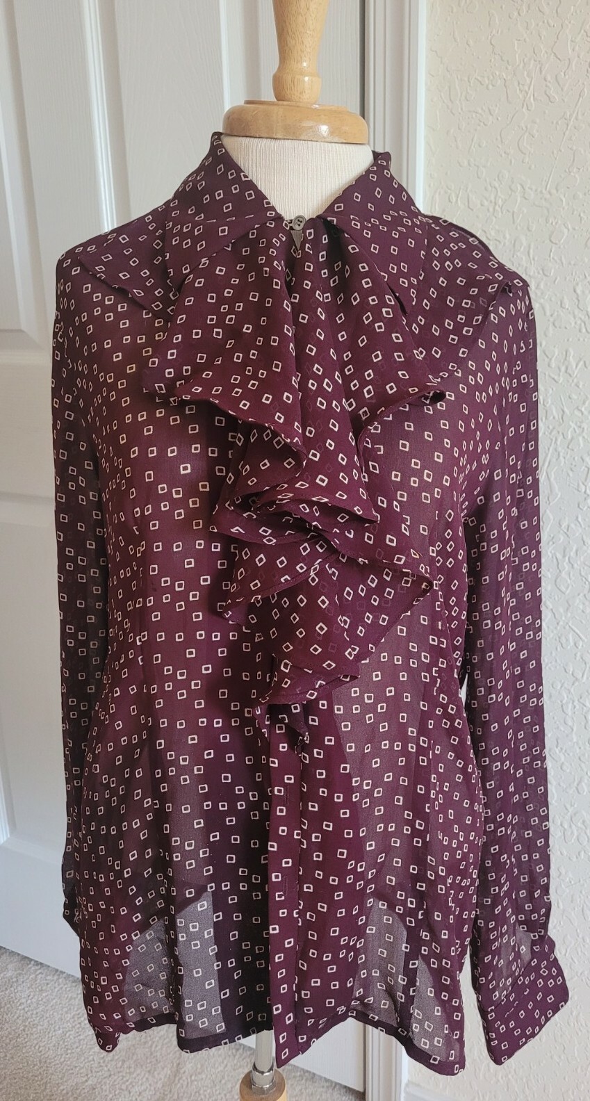 Vintage Anne Klein II 90s Ruffle High Neck Blouse Sz 6 Burgandy Free shipping