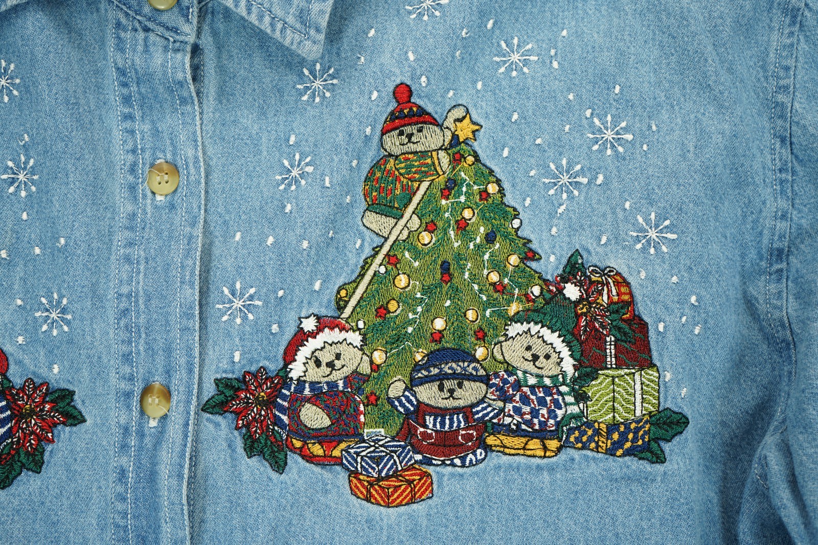 Vintage Faded Glory Christmas Teddy Bear Embroidered Denim Shirt 14W/16W Womens