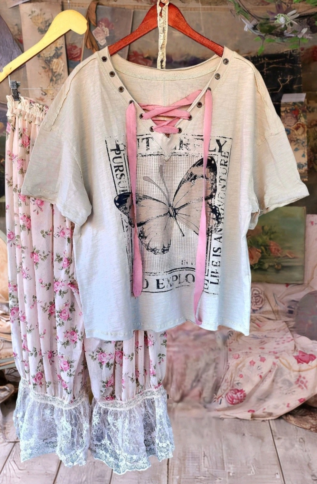 Free People Magnolia Style Gray Cotton hippie boho t-shirt top blouse shirt XL