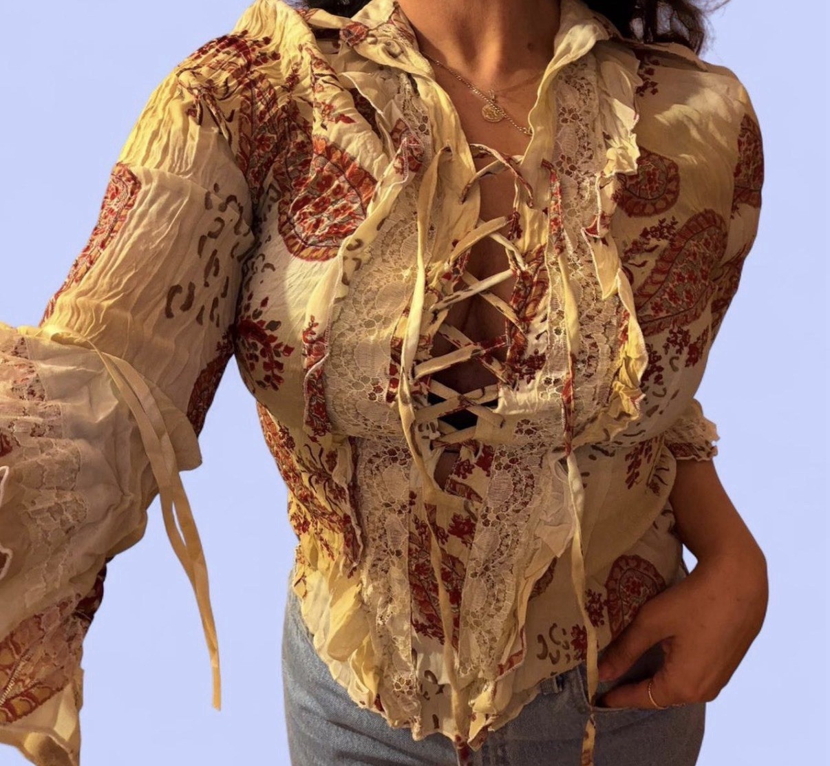 90s y2k Vintage Paisley Lace-Up Ruffle Lace Detail Blouse boho whimsey fairy