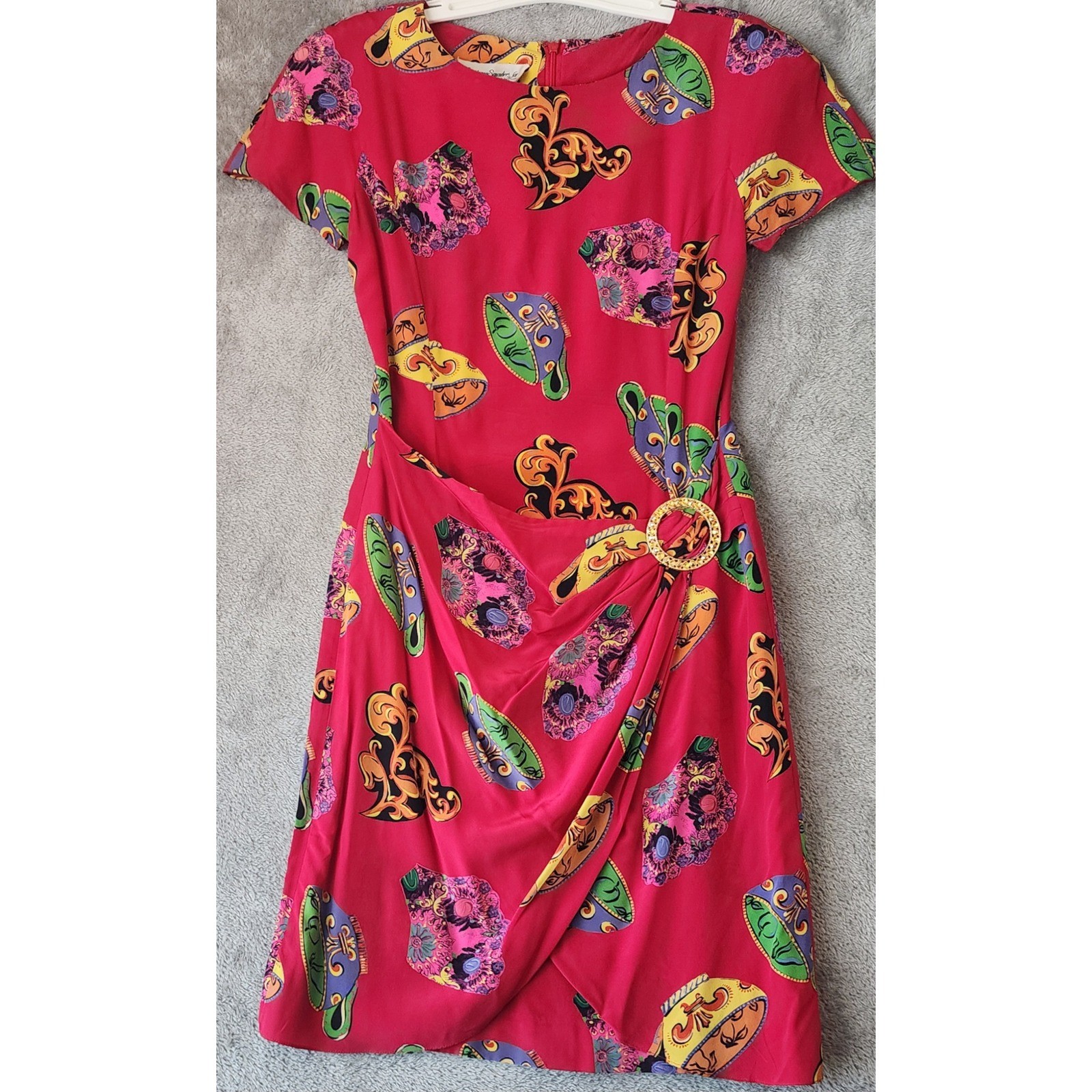 Constance Saunders Richard Warren Dress Womens Size 4 Red Silk Teacup Vintage