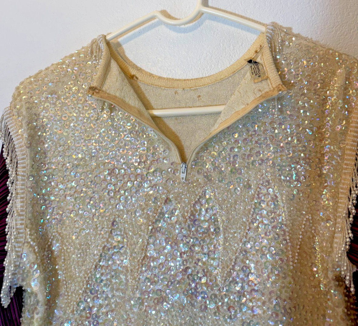 Bucaroni Vintage Beaded Sequin Antron SZ S top w/ Purple sleeves and Skirt 60’s