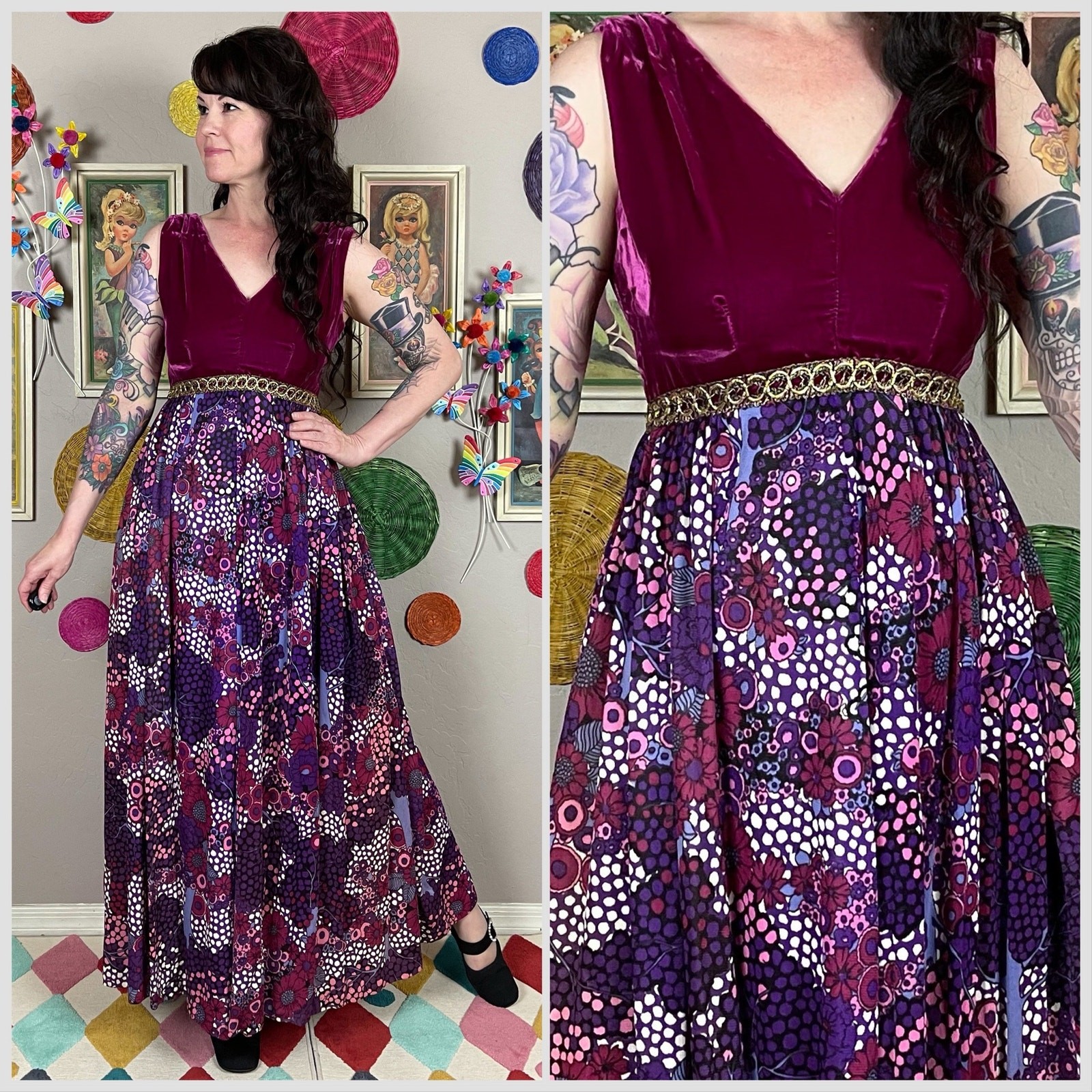 Vintage 1970s Purple Velvet Floral Wide Leg Palazzo Jumpsuit | 27″/28″ Waist