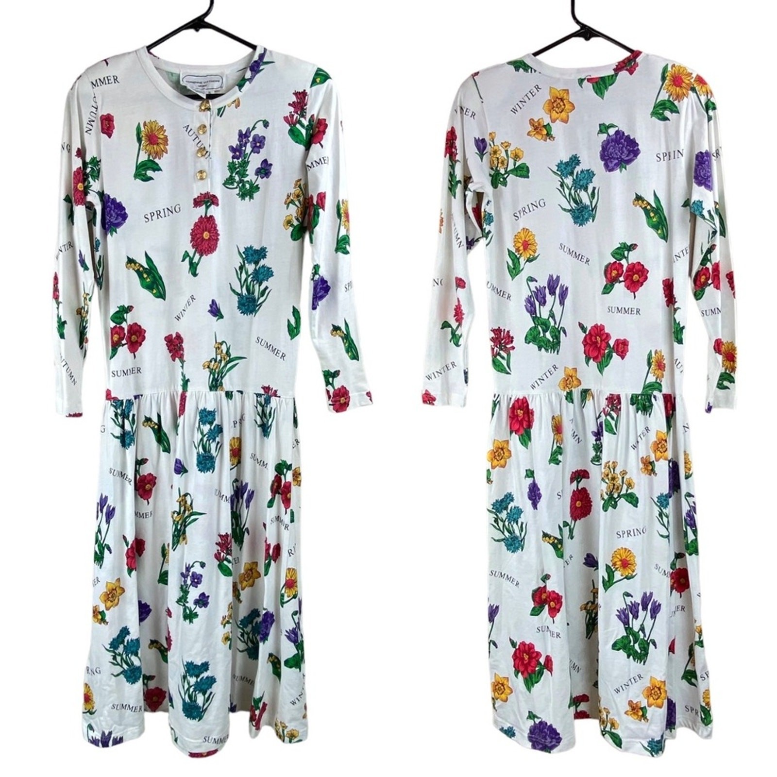 Vintage 80’s Botanical Floral Drop Waist Midi Dress Womens Size S Cottagecore