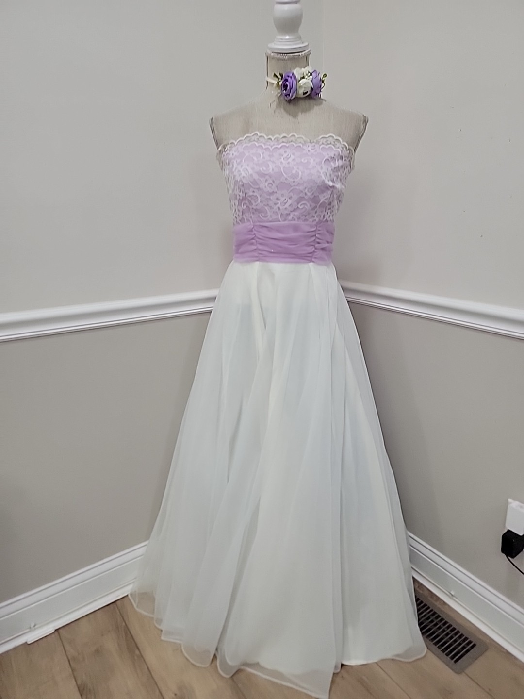 VTG’70s Lavender Lace Strapless Evening Dress ILGWU Organza Gown/Bridgerton Styl
