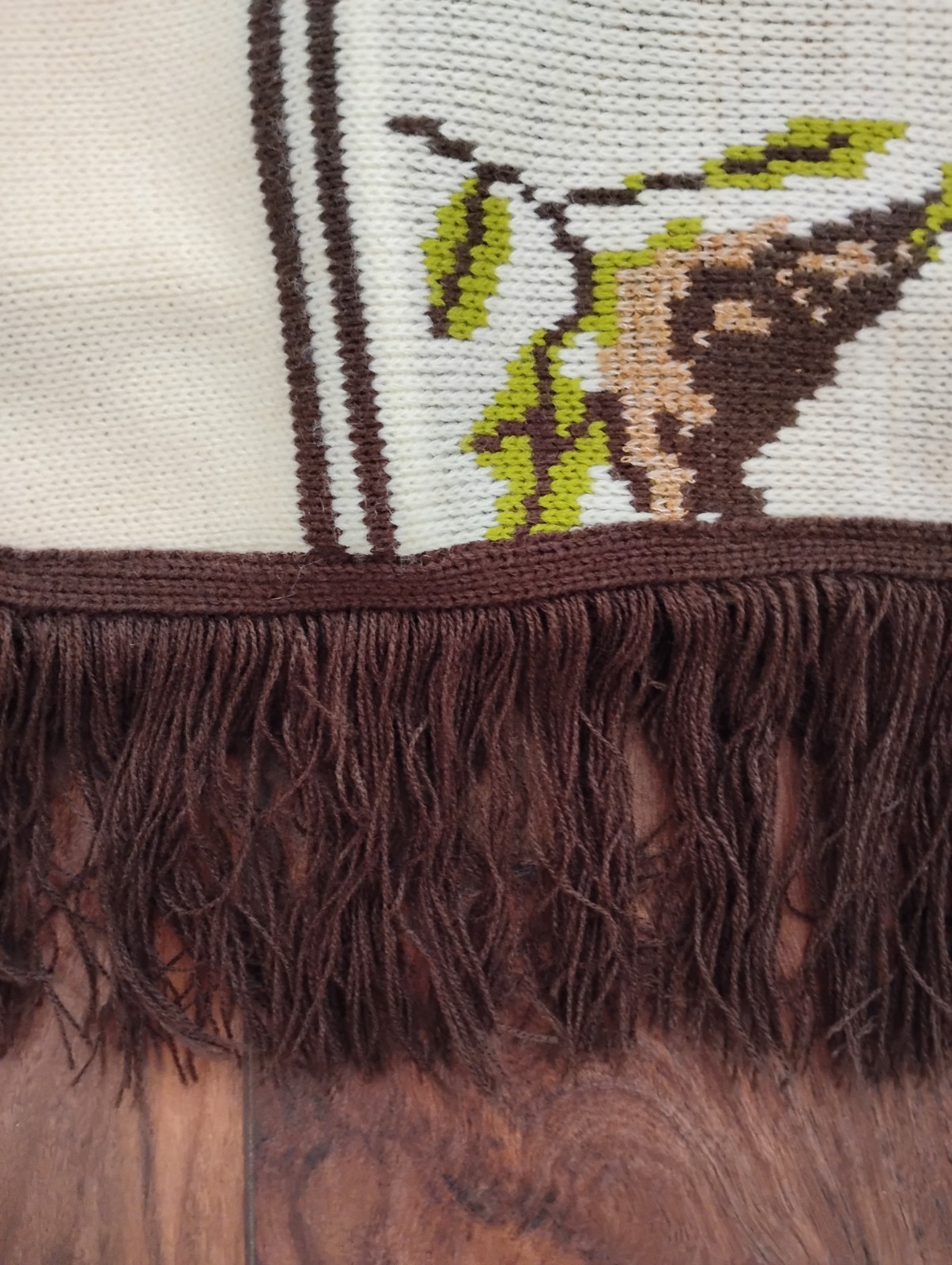 Vintage Bird Print Knit Tie Front Split Side Poncho With Fringe Boho Western