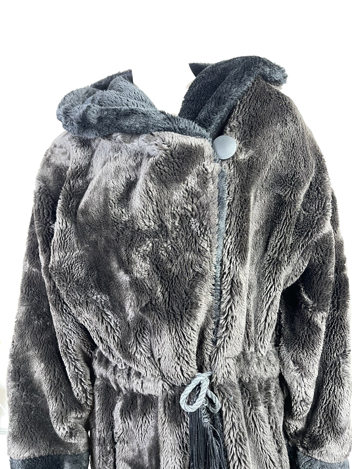 Vintage Henri Bendel New York brown Black faux fur hooded mob wife coat medium L