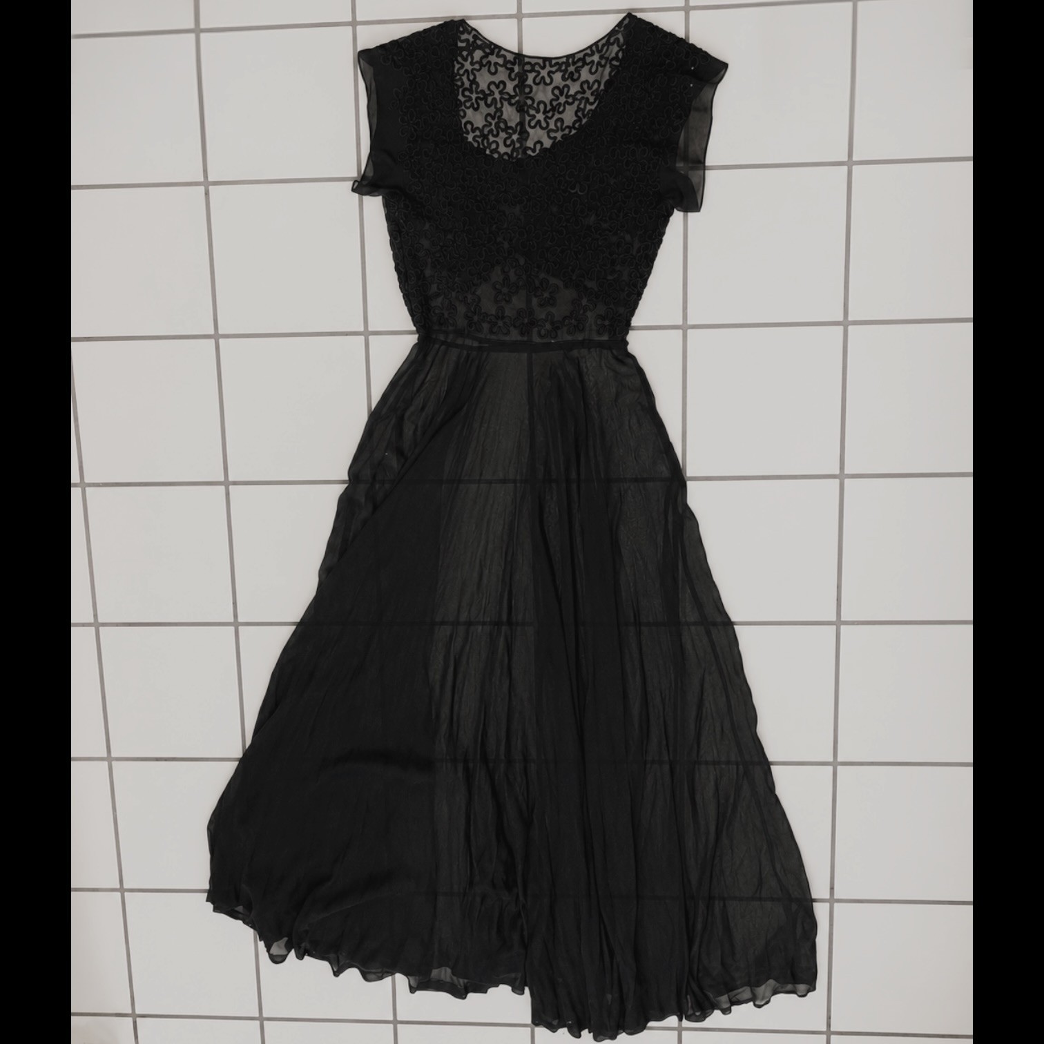 Vintage 1930s Black Chiffon Soutache Evening Gown Sheer Flutter Sleeve Dress