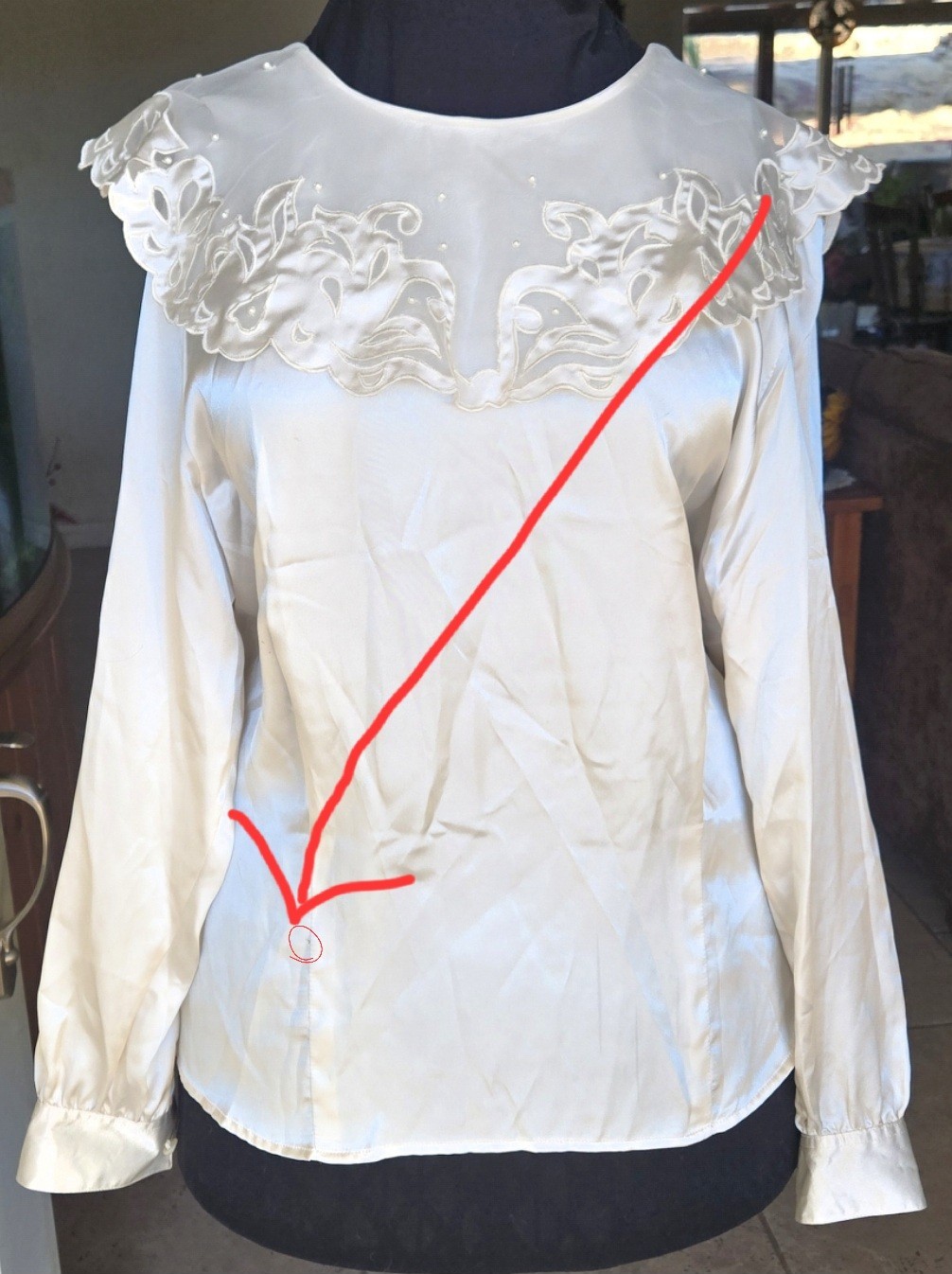 1980s LAURA AND JAYNE Poly Blouse Victorian Lace Embroidered Pearl Collar Sz 16