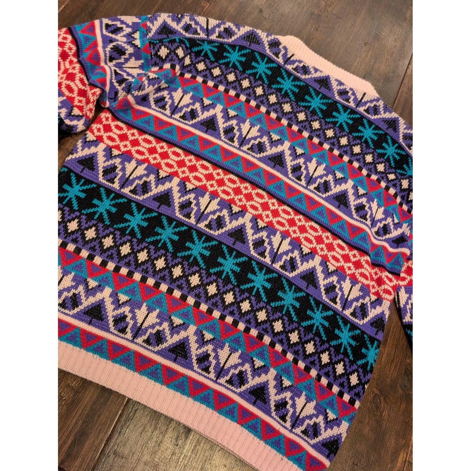 Vintage 90s RKI Knits Sweater Womens L Pink Multi Color Knitted Pullover USA