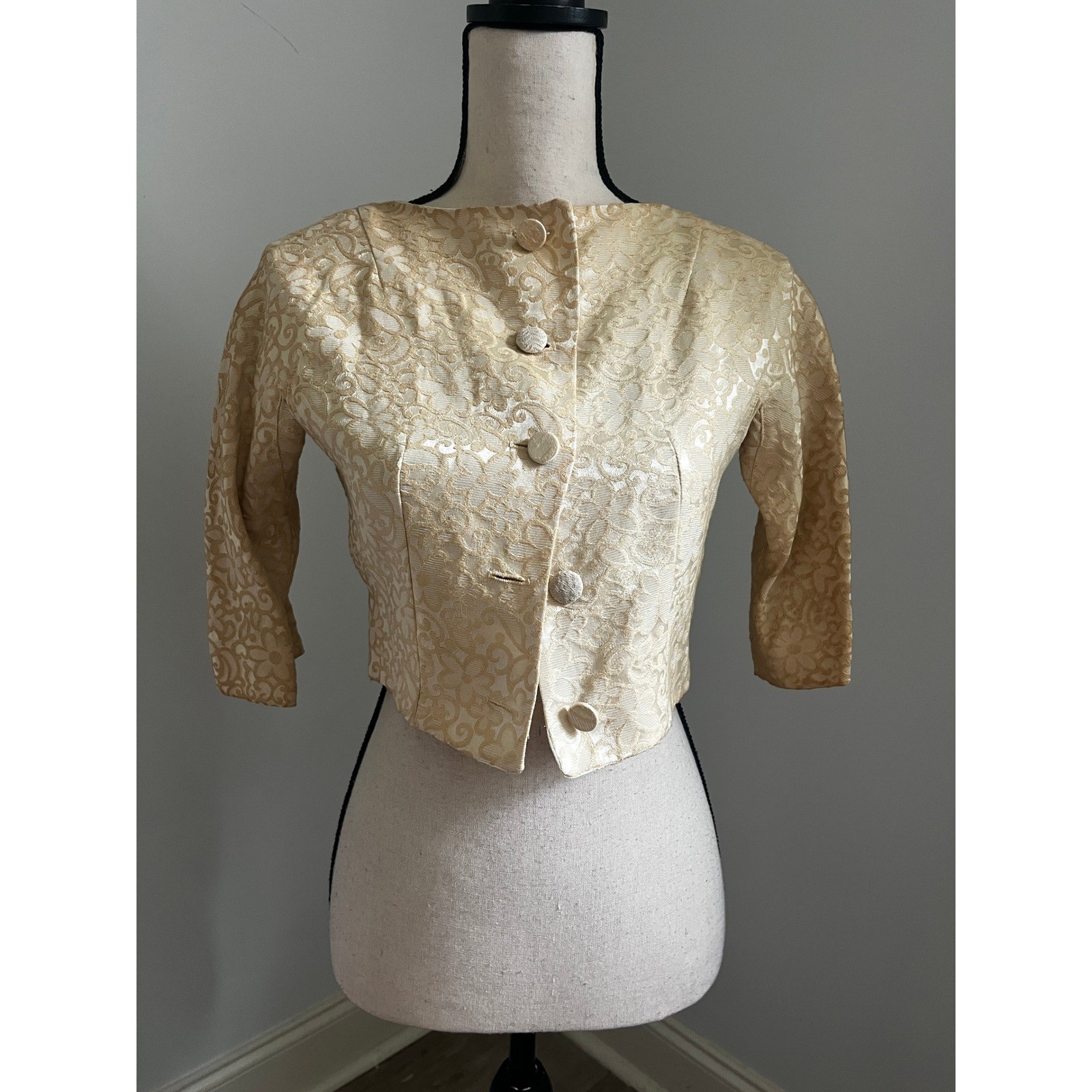 Vintage Gold Floral Brocade Cropped Jacket XS Back Bows Pinup Mid Century Modern