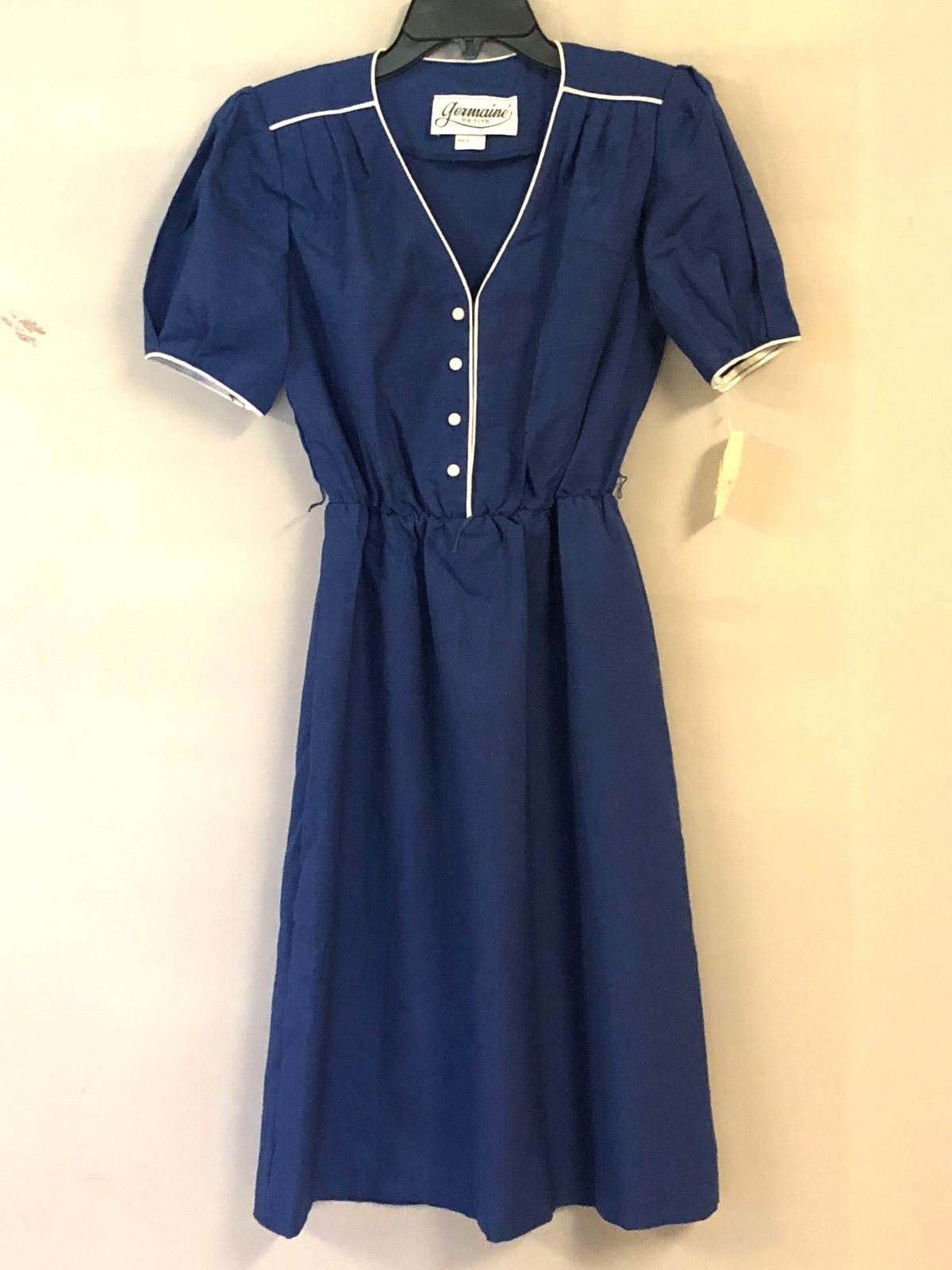 Vintage 70s or 80s Germaine Petite Size 8P Blue Dress White Piping NWT