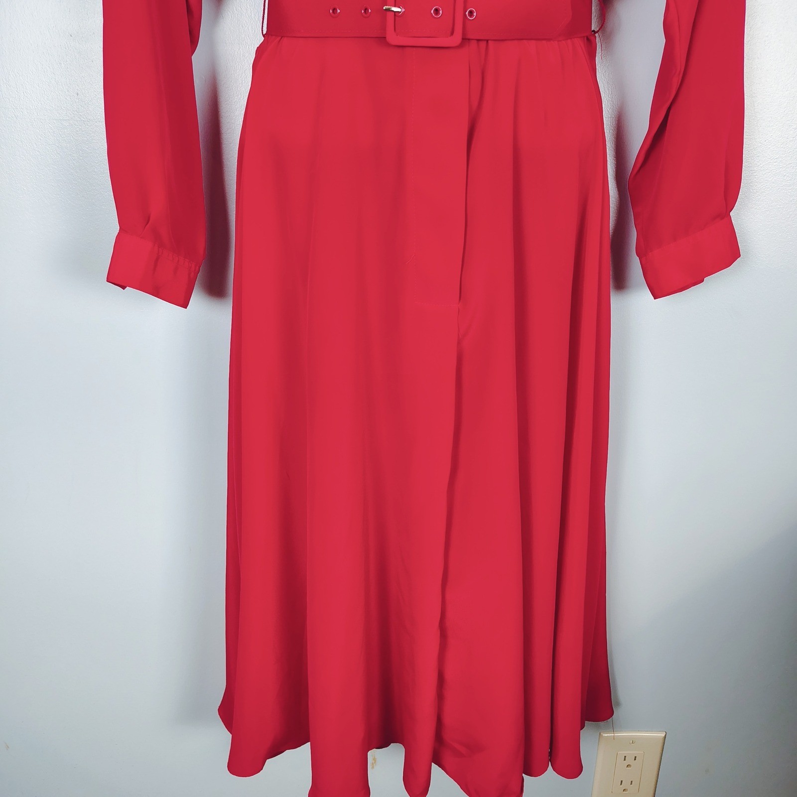 Alain Toussaint Vintage 80s Red Belted Midi Dress Mock Neck Shoulder Pads 10P