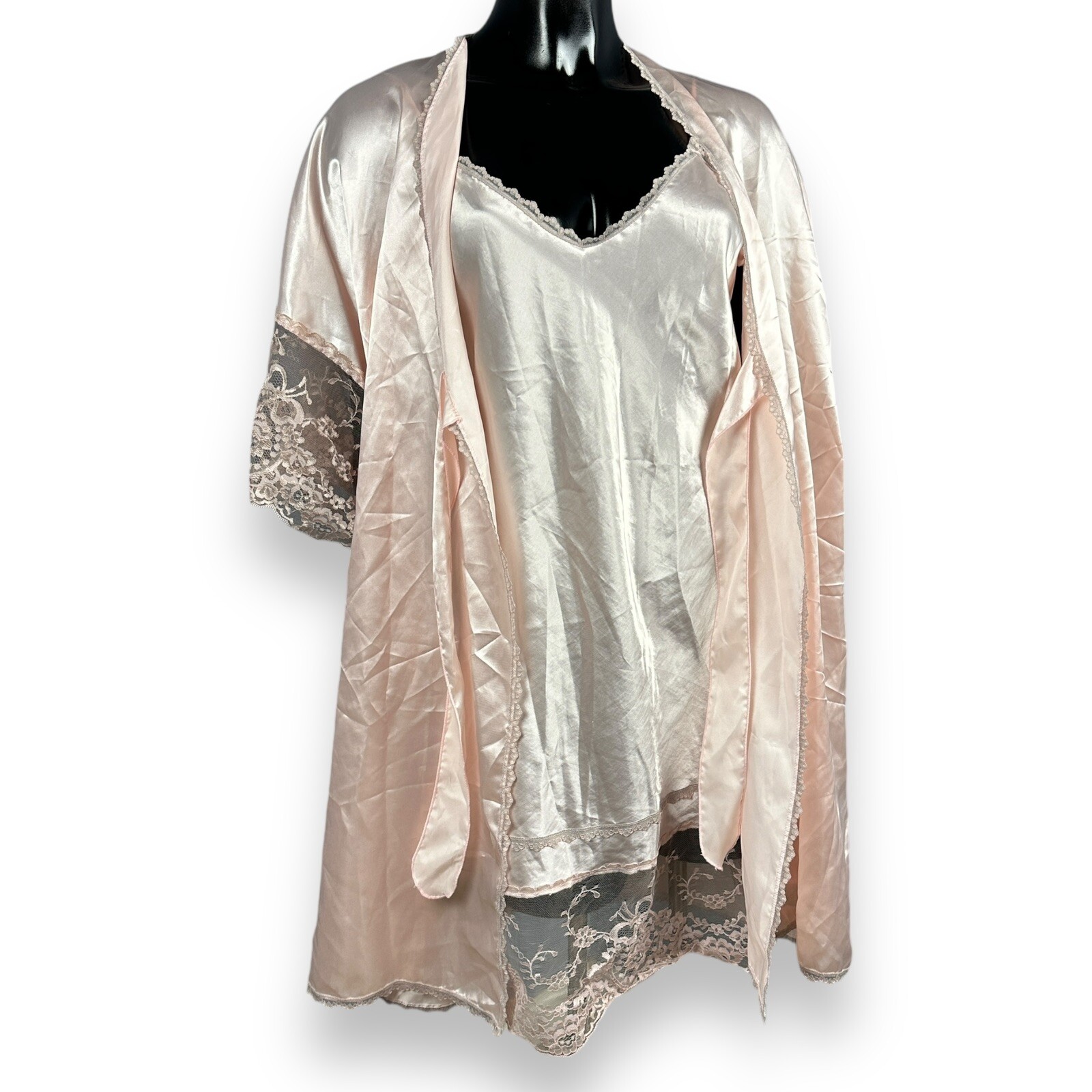 Vtg Lady Cameo Robe & Chemise Nighty Slip Dress Silky Pink Mauve Lace Set Sz L
