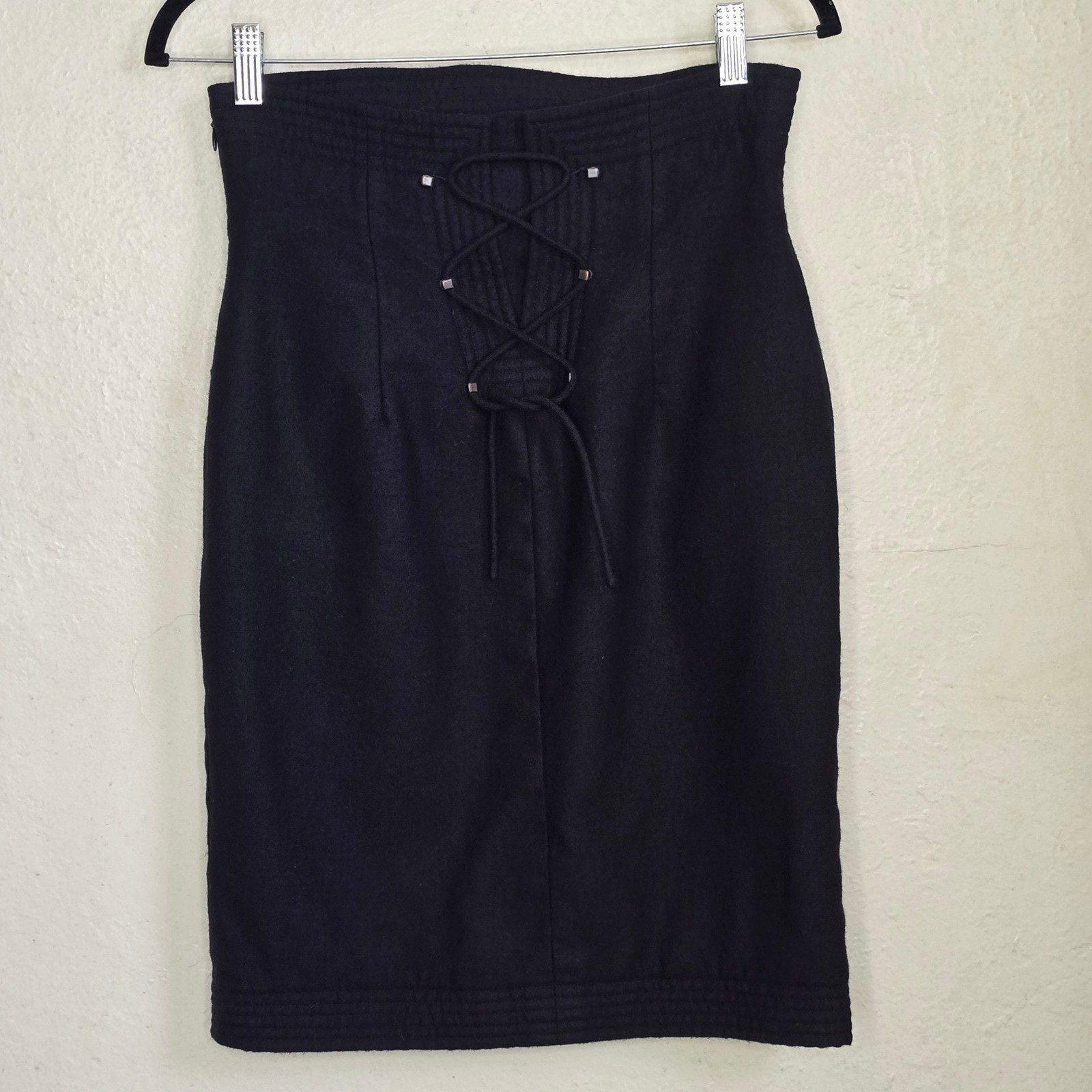 Vintage 1980s Bernard Perris Paris Black Wool Corset Pencil Skirt S