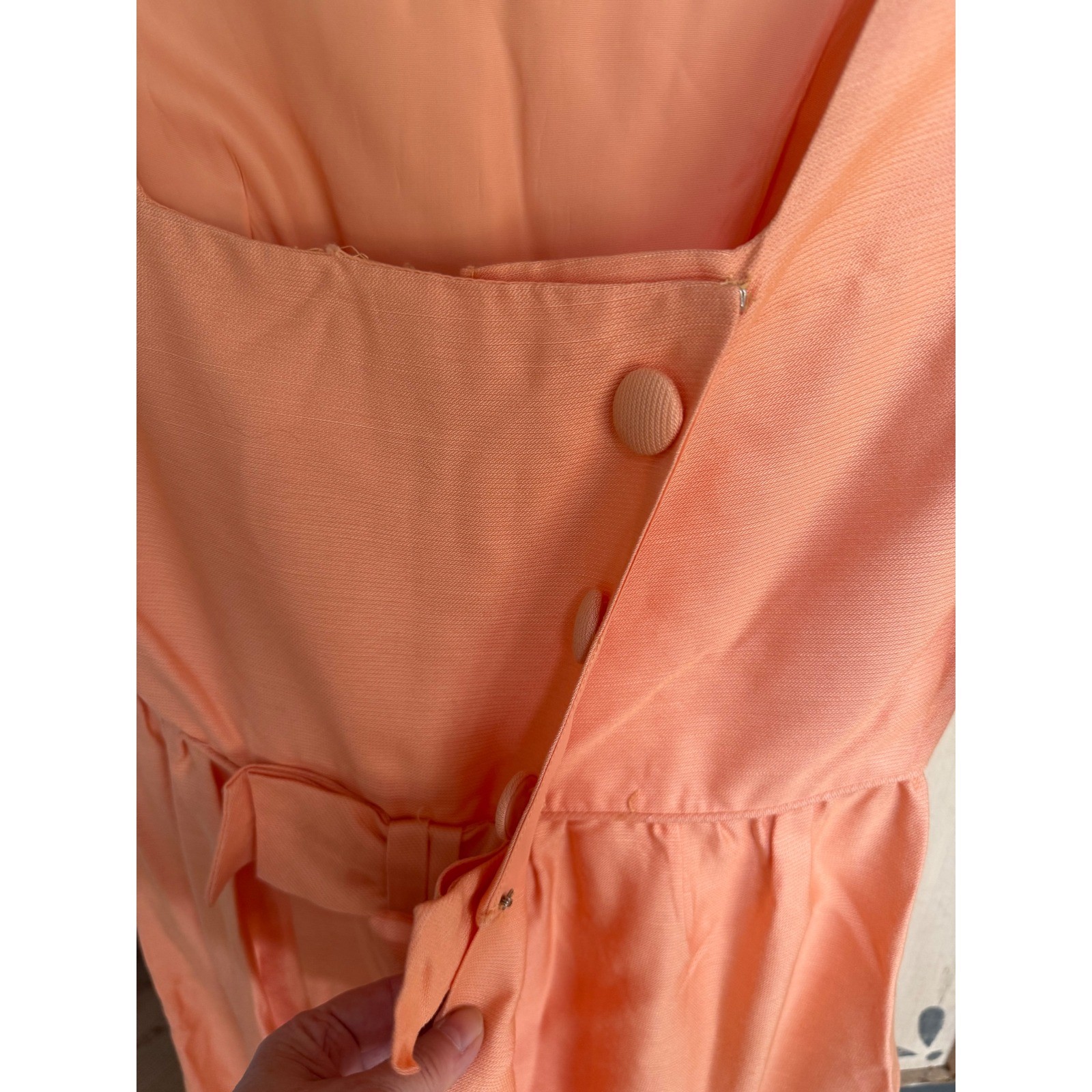 Vintage 60s Apricot Peach Empire Waist Maxi Dress Crochet Lace Ribbon Sleeve