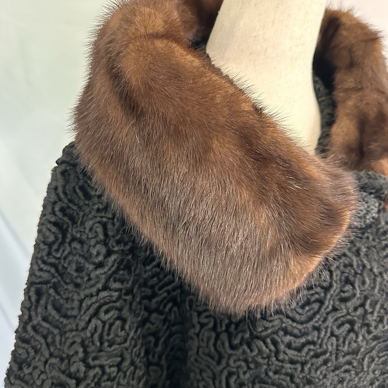 60s VINTAGE Astrakin Black Curly Lamb Coat Mink Collar L/XL Womens