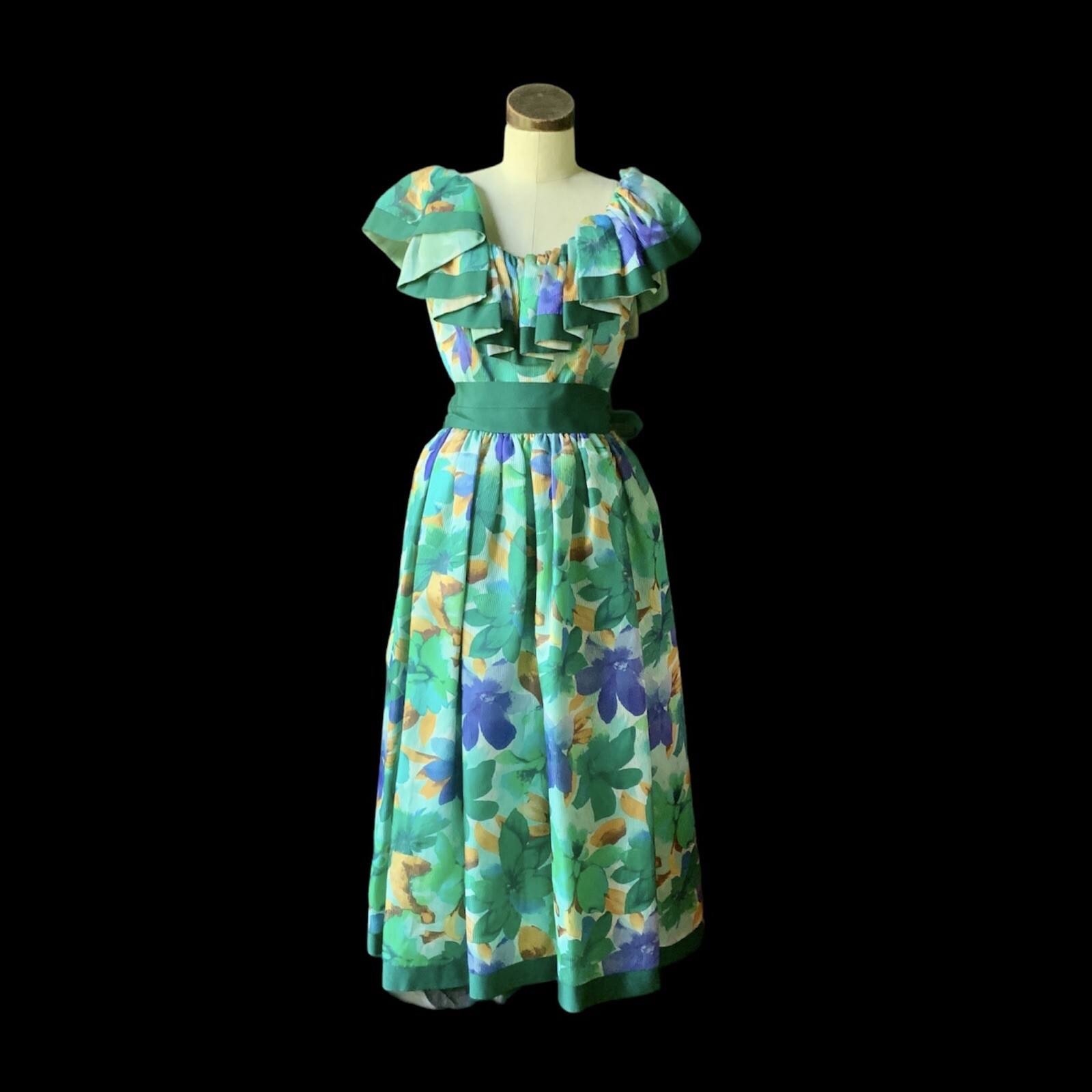 Vintage WILLIAM PEARSON Designer Floral Green Dress Ribbon Ruffle Off Shoulder 8