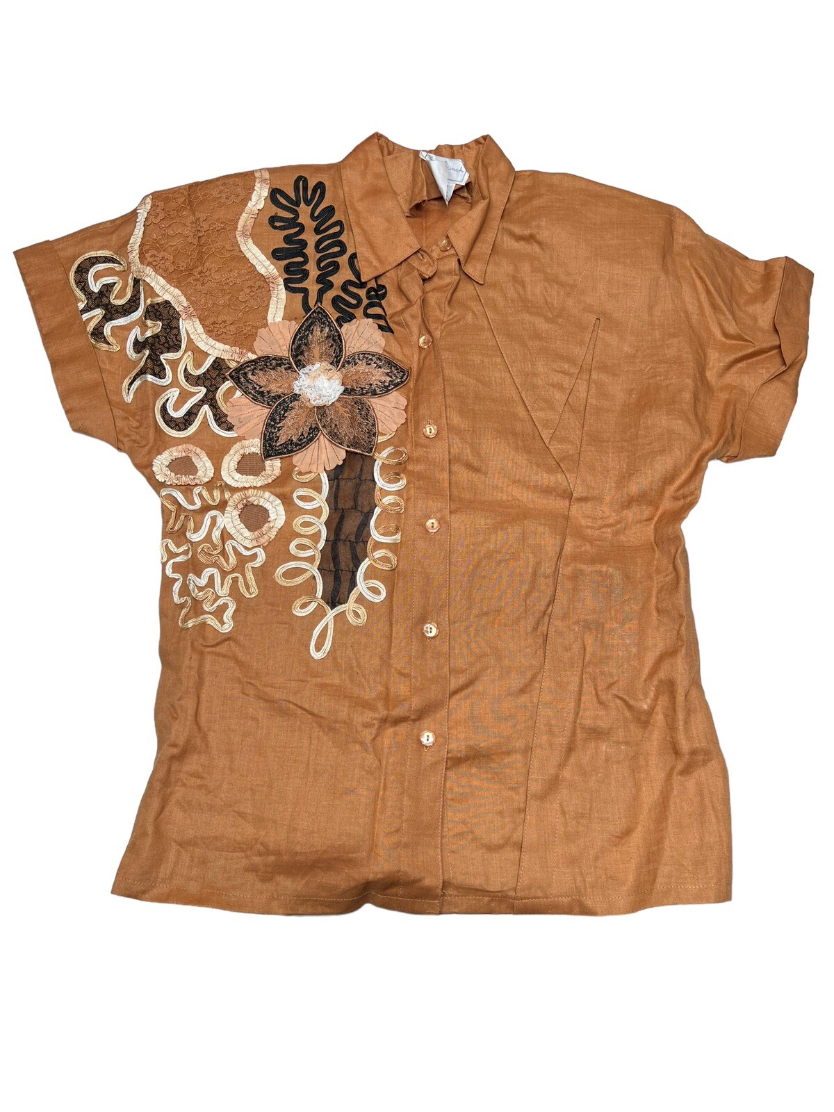 Vtg NOS Anne French Artsy Art to Wear Embellished 100% Ramie Blouse SZ 8 Brown