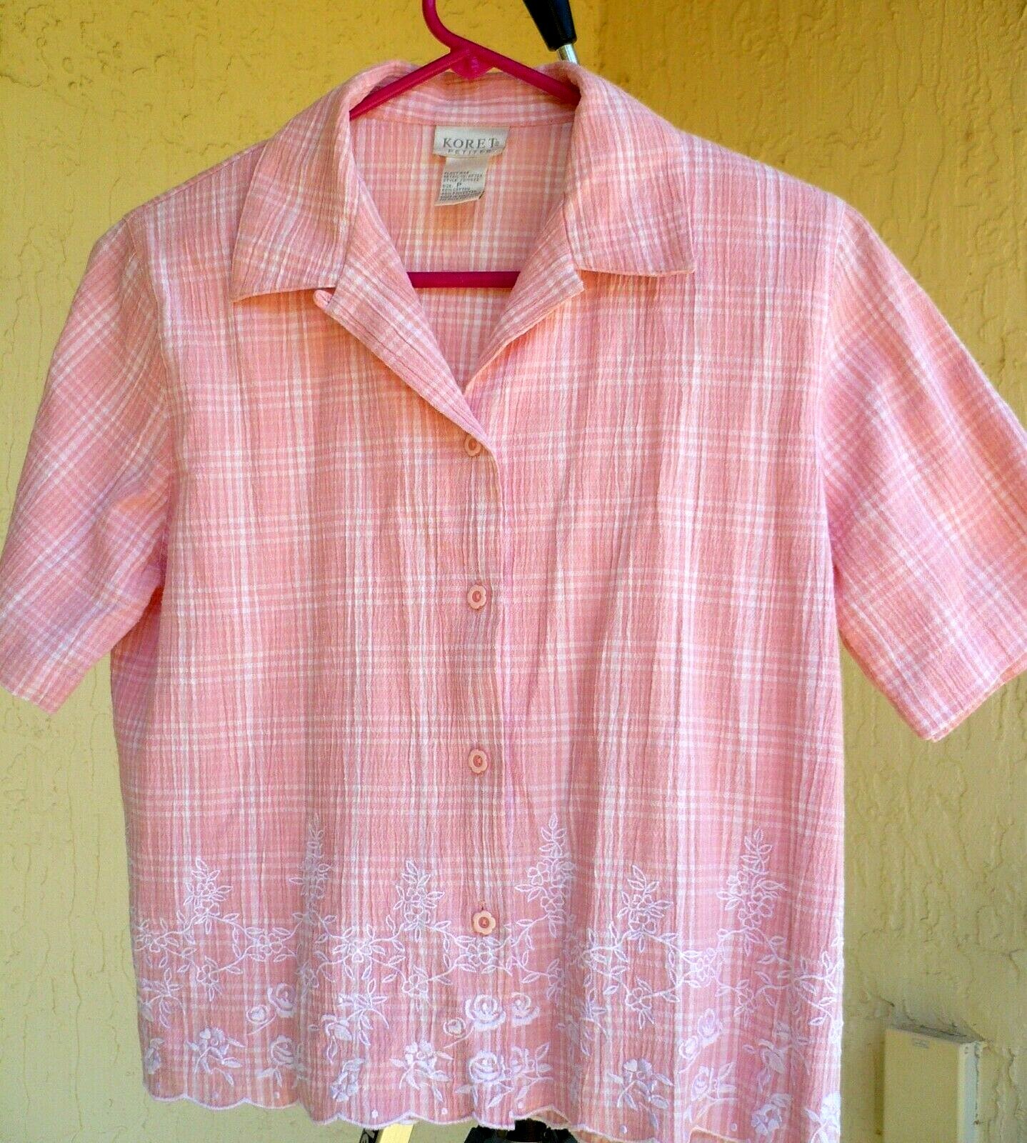 VTG KORET MOTHERS DAY S M P PINK EMBROIDERED PASTEL PLAID CRINKLE BLOUSE WOMEN