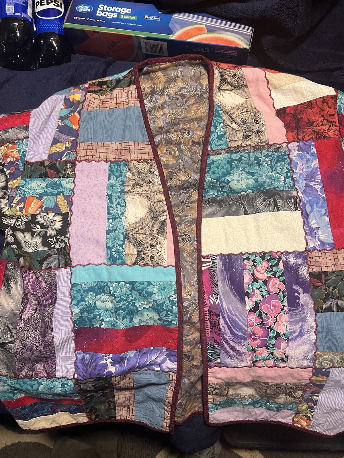 Handmade Patchwork Women’s Jacket Flowers Cats Plants Large Vintage