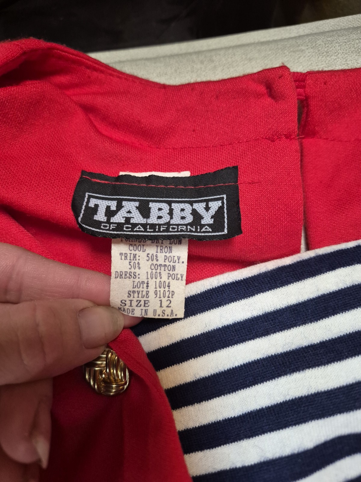 Vintage 80s Dress Casual Red Sailor Stripes Belt Tabby of California Size 12 L