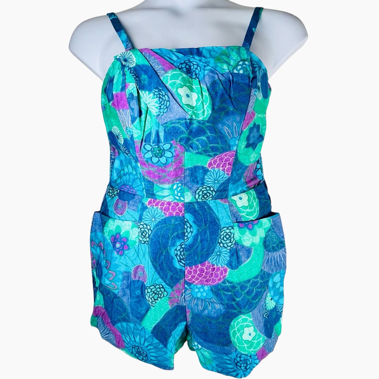 Vintage 60s Paradise Hawaii Swimsuit Pinup Romper Playsuit Corset Shorts Blue XS
