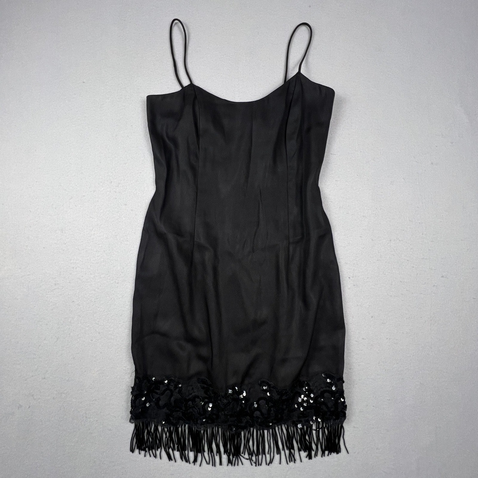 VTG 90s Roberta Mini Dress Small Black Sequin Fringe Lace Spaghetti Strap Party