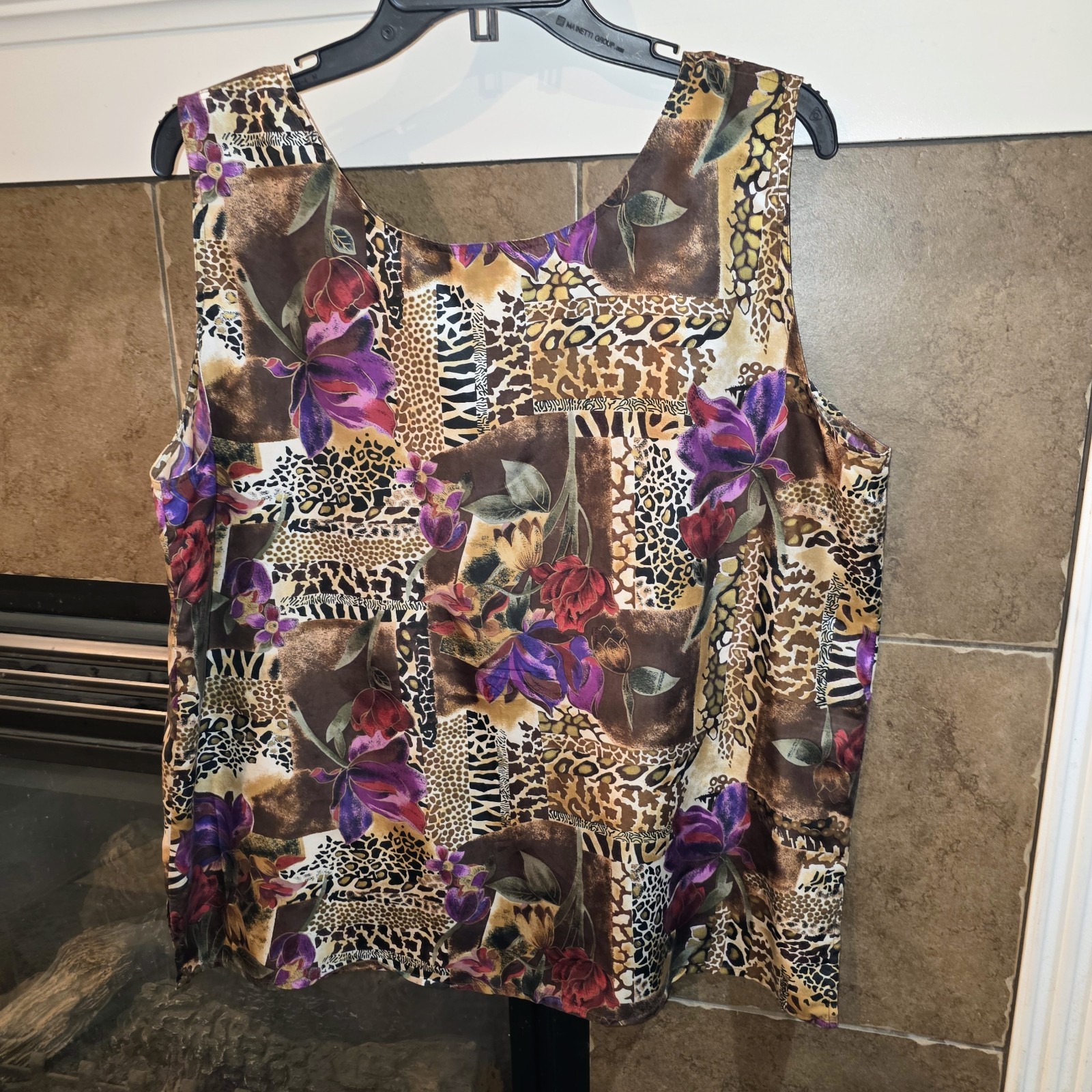Stunt Sz XL 100% Silk Cheetah Giraffe Zebra Roses Floral Print Tank Top Blouse
