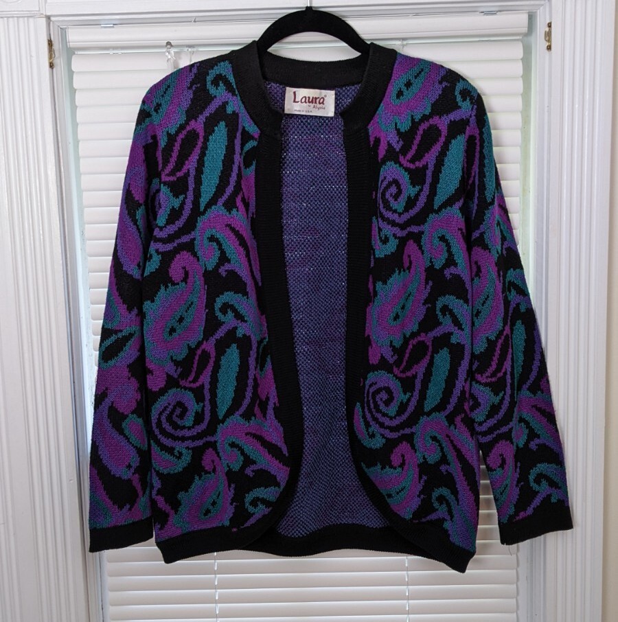 VTG 80s Women’s M/L Open Front Cardigan Sweater Paisley Shoulder Pads EUC