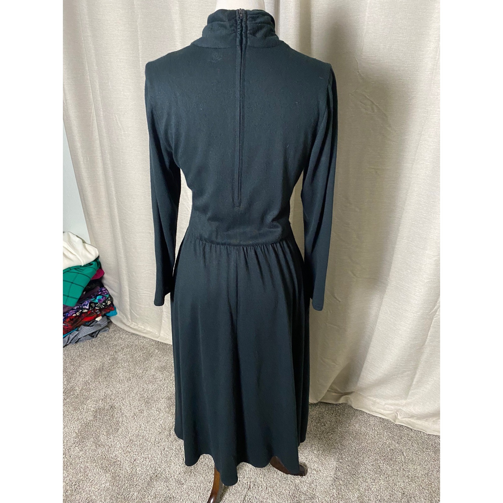 Vintage 70s Berkeley Black Midi Dress Draped Collar Gold Button Pockets Womens
