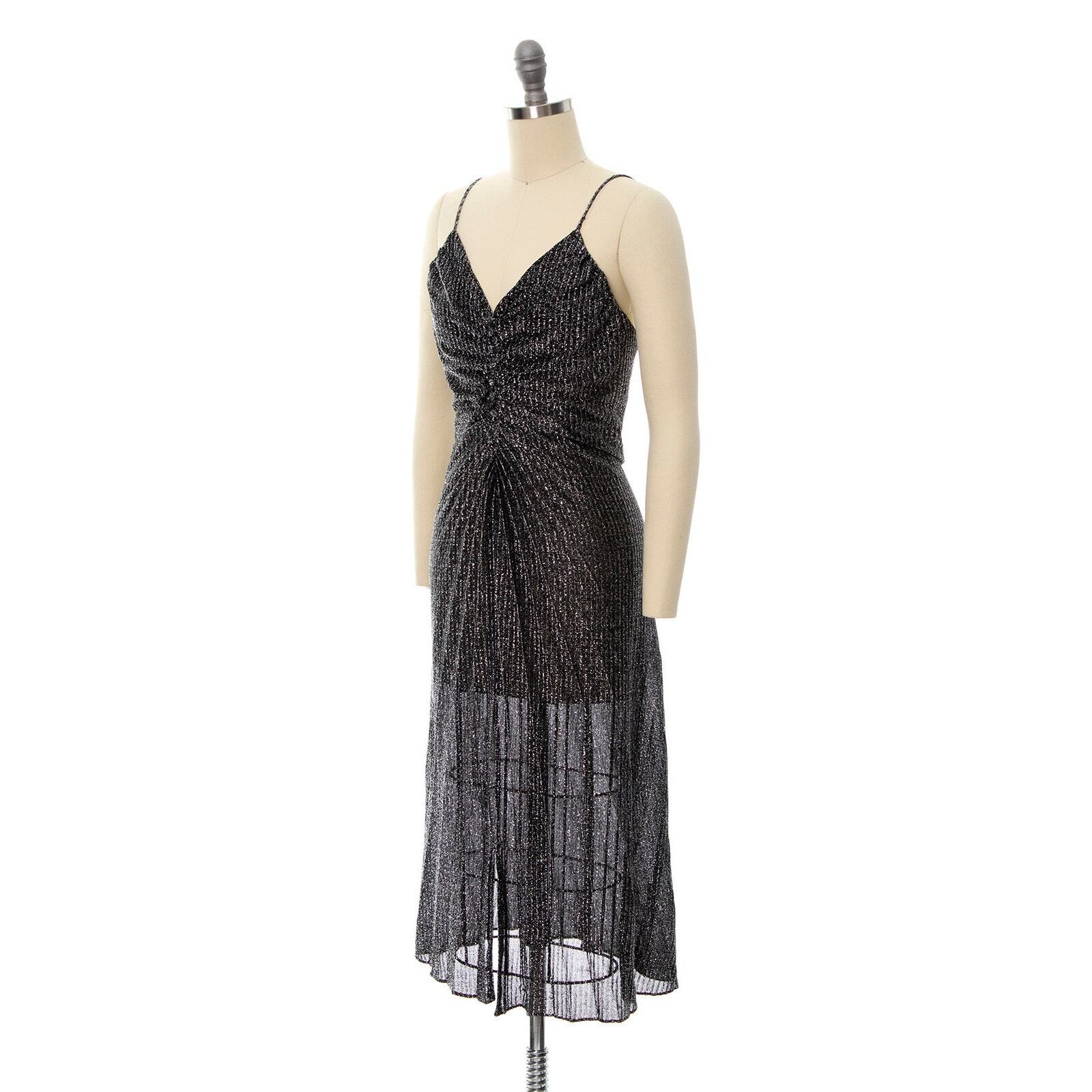 Vintage 1980s Party Dress 80s Metallic Black Silver Travilla Pleated Cocktail
