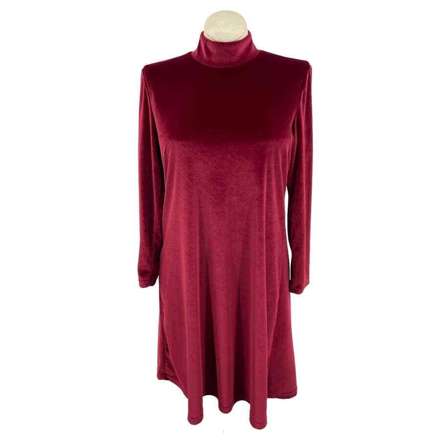 Vintage 90s Grunge Style Red Velvet Dress Long Sleeve Mockneck Bedford Fair M