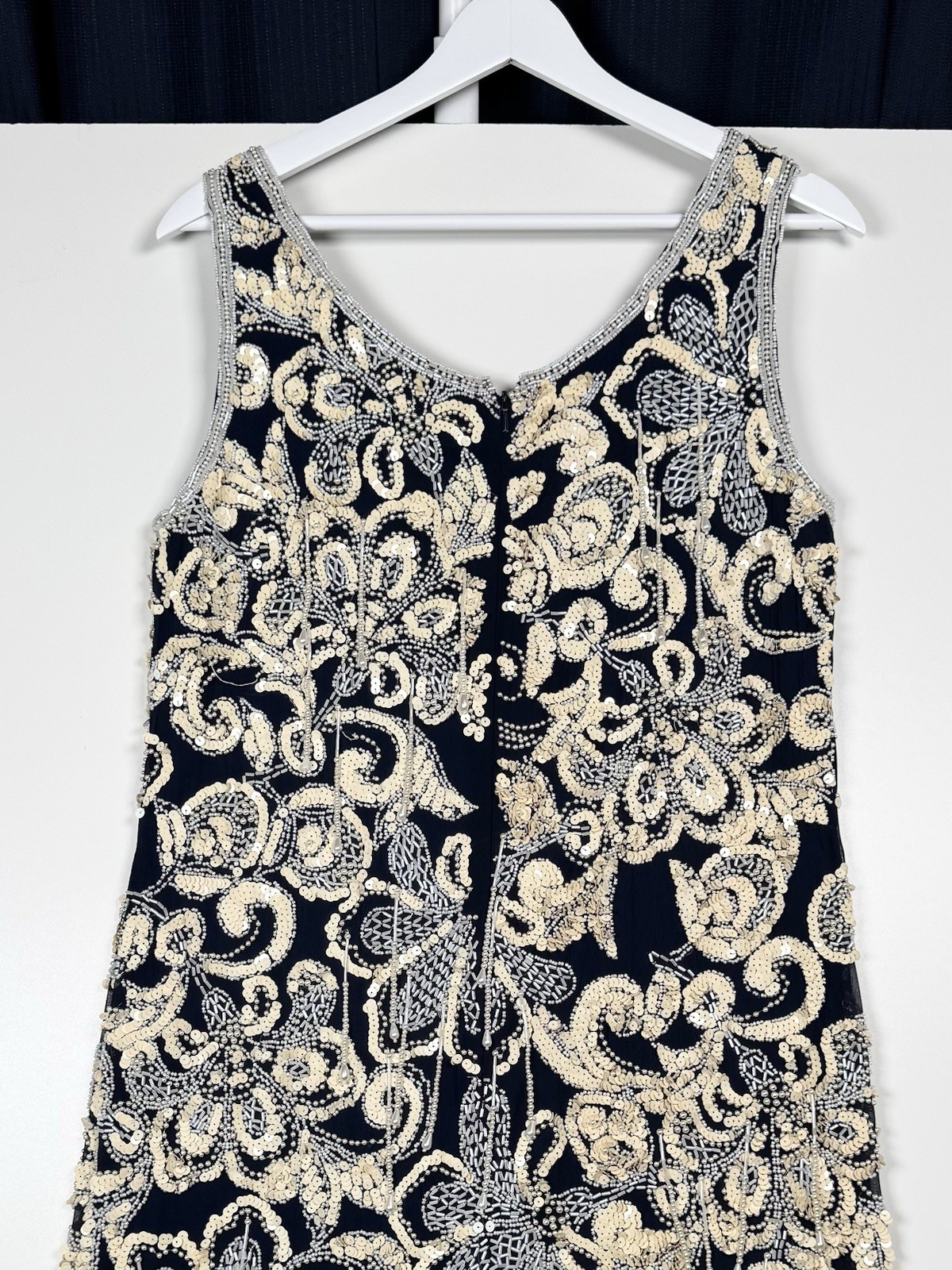Vintage 80s 90s NITE LINE Beaded Sequin Silk Dress Blue Gold Floral Niteline 10