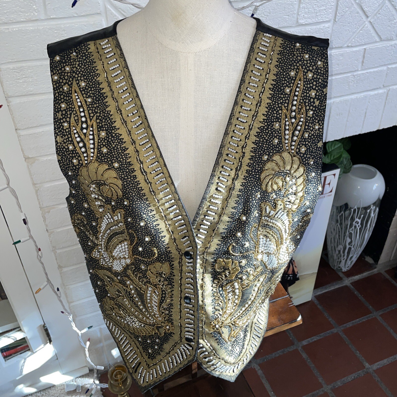 VTG Bali Chic Beaded Vest Ornate Festive Holiday Gold Black Pearl One Size Nwot