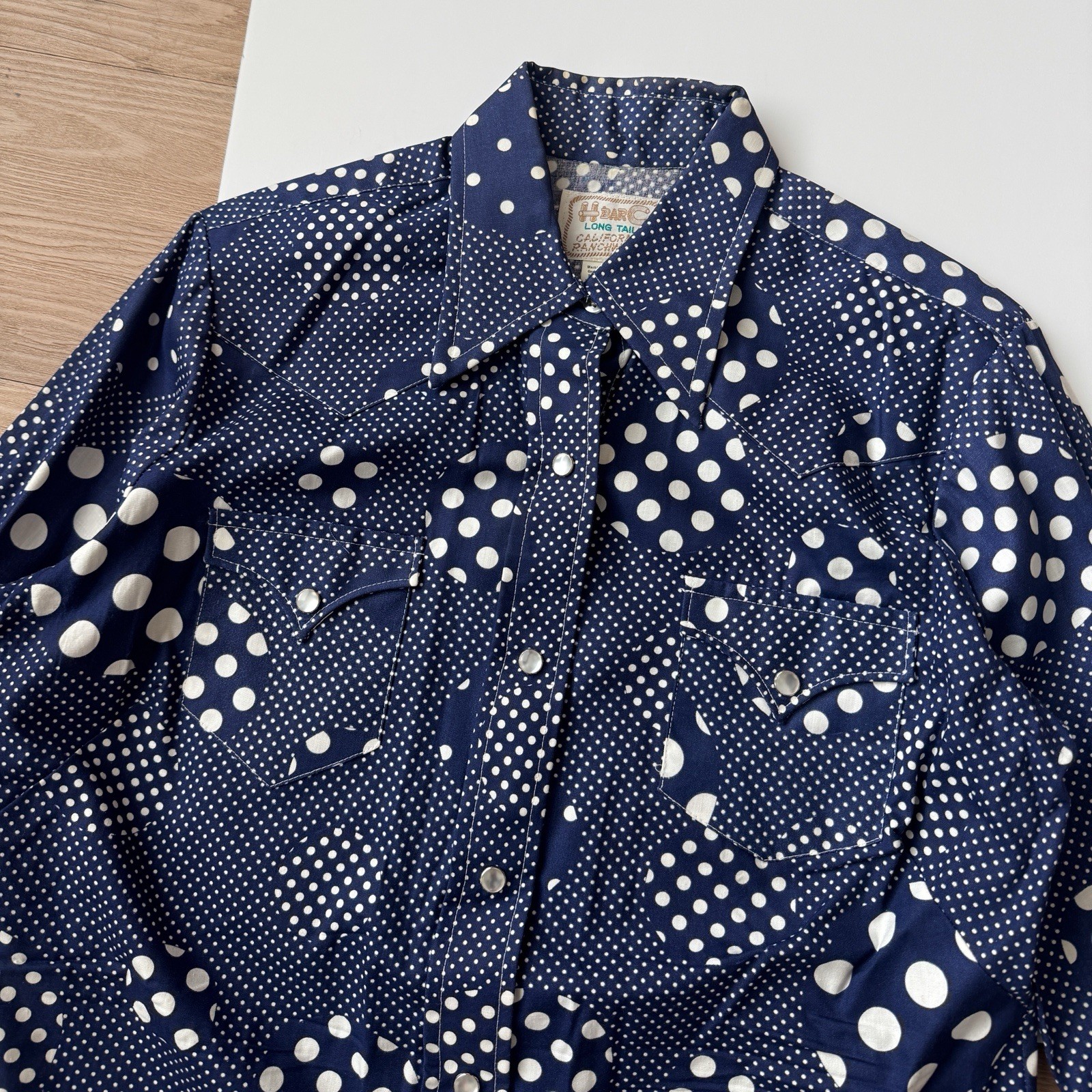 Vintage H Bar C California Ranchwear Navy Polka Dot Western Pearl Snap Small