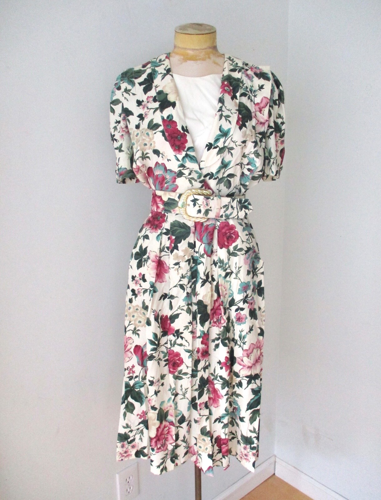 Vtg 80s purple rose floral modest tea garden party dress wide belt pockets S