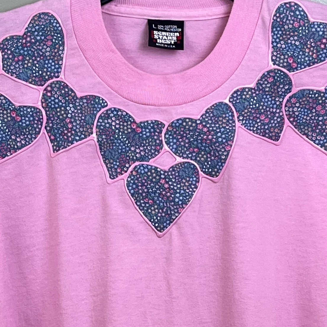 VTG Screen Stars Best Single Stitch Puff Paint Blue Hearts Short Sleeve Large